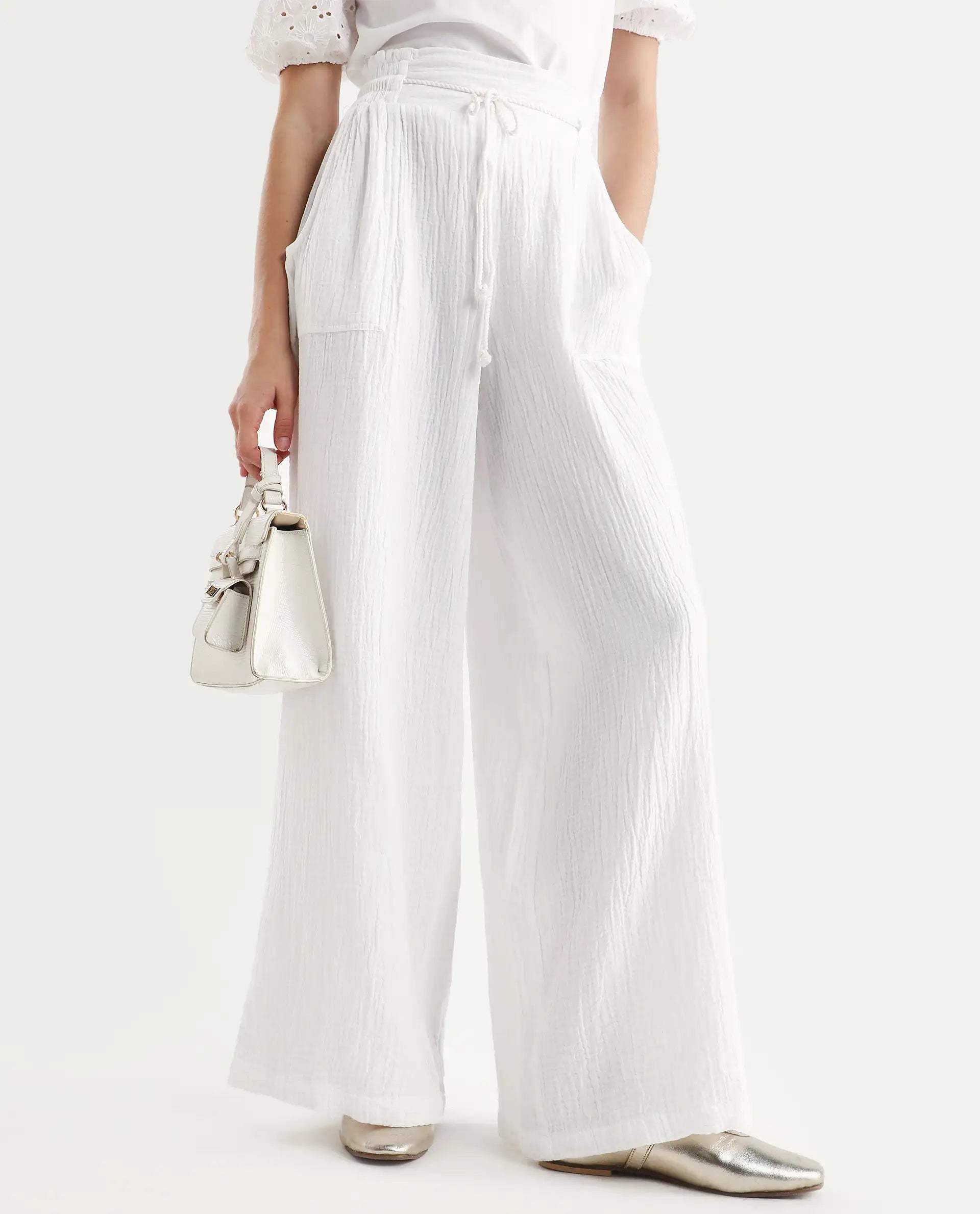 Rareism Women's Jorden Pastel White Cotton Plain Ankle Length Wide Trouser