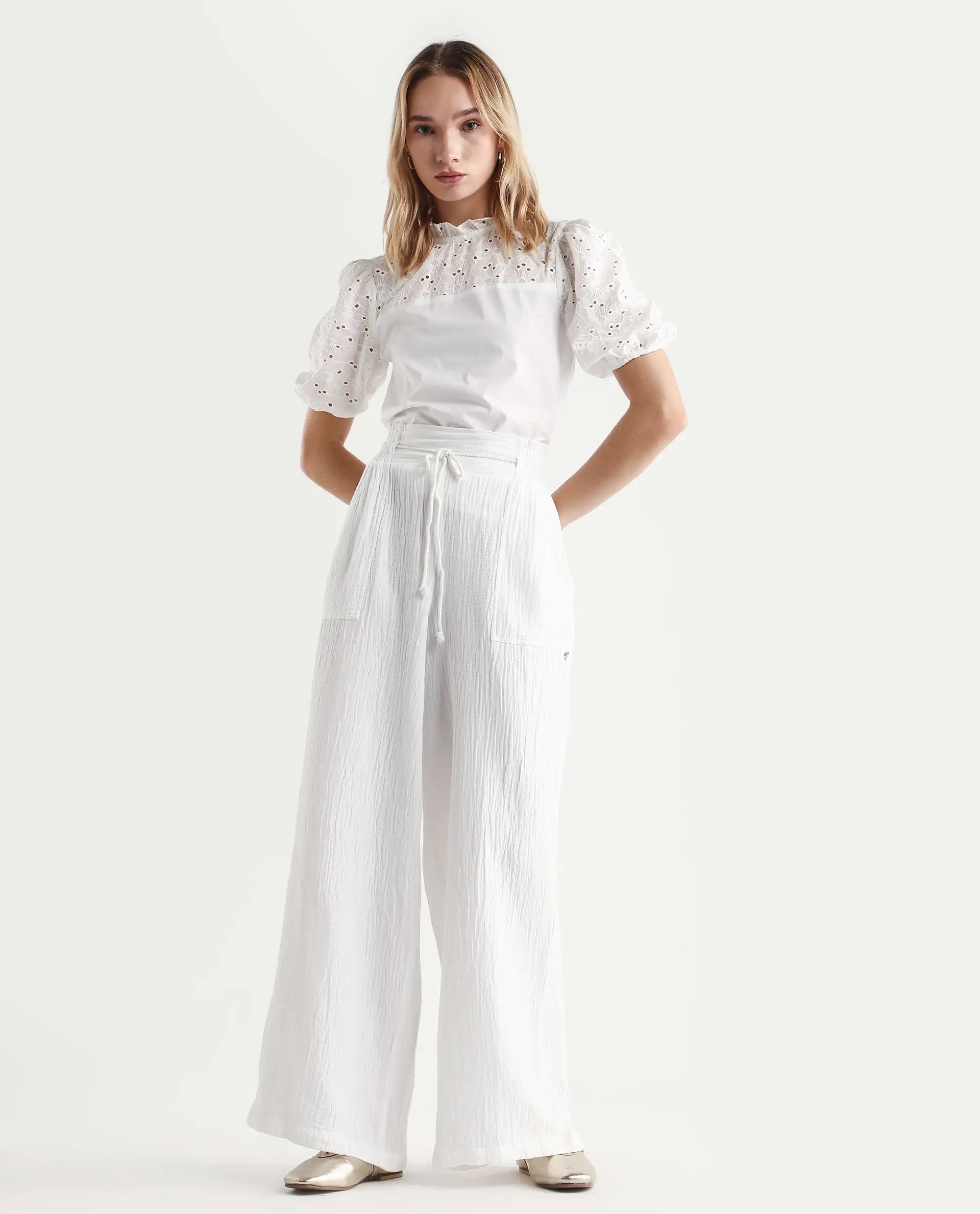 Rareism Women's Jorden Pastel White Cotton Plain Ankle Length Wide Trouser