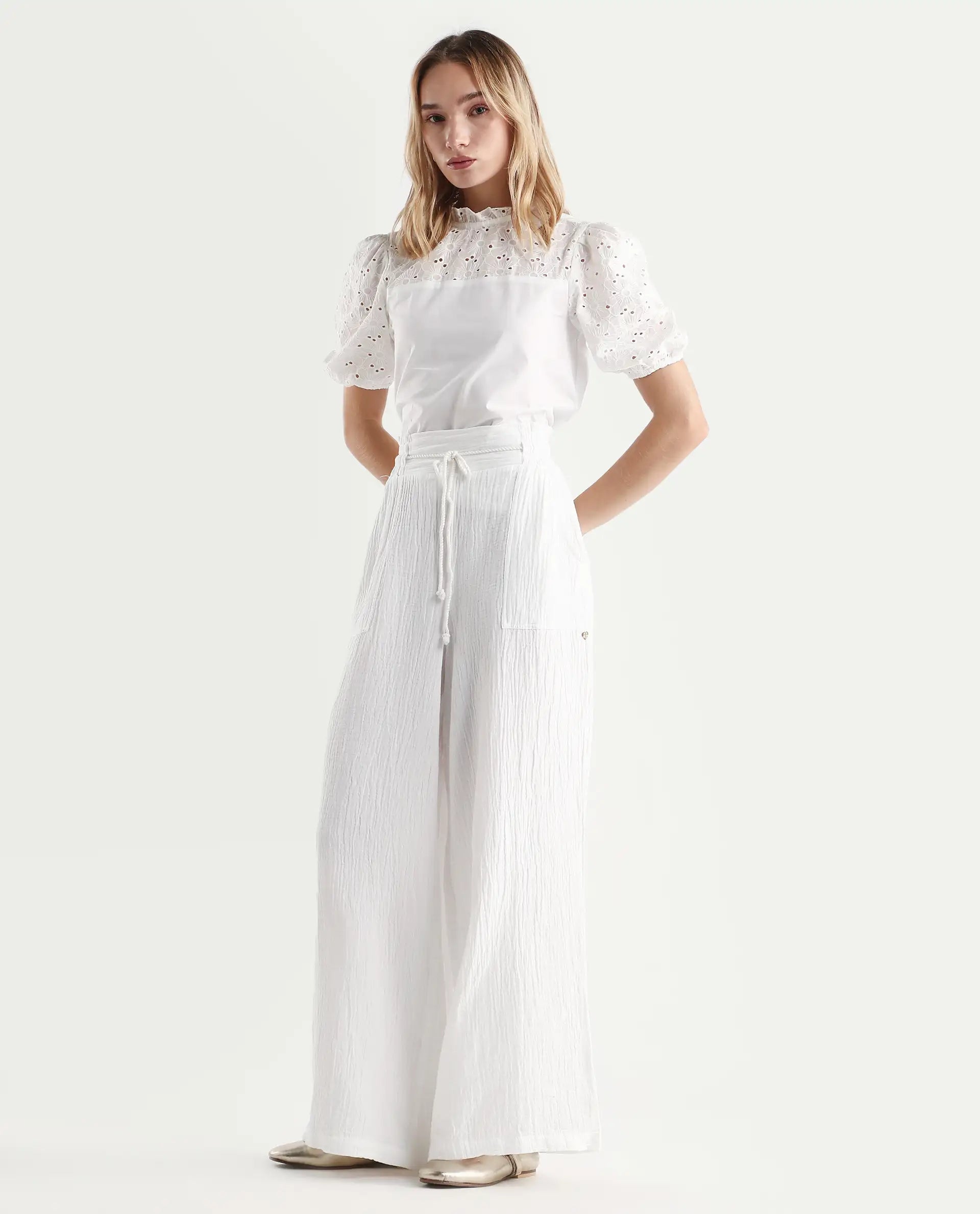 Rareism Women's Jorden Pastel White Cotton Plain Ankle Length Wide Trouser