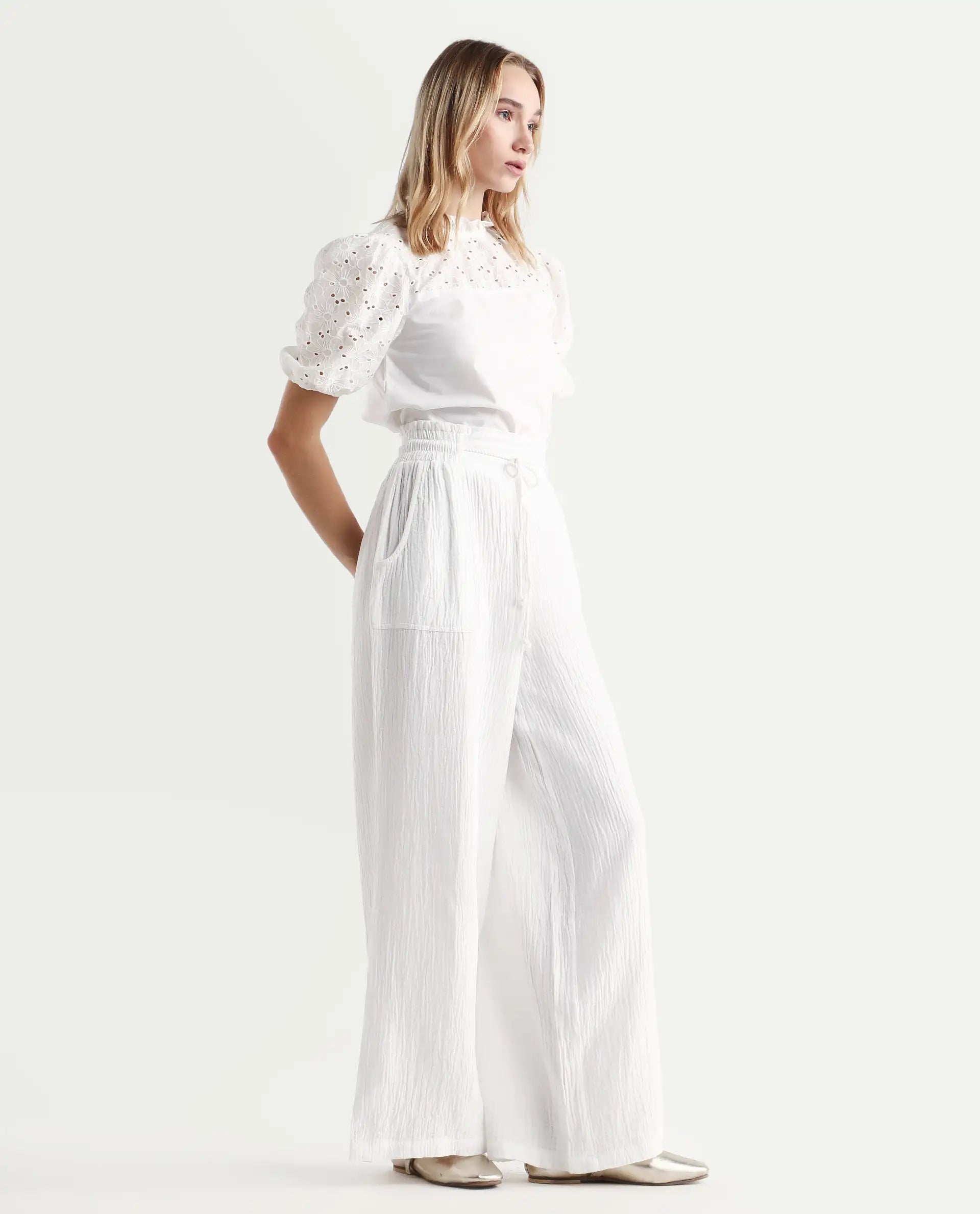 Rareism Women's Jorden Pastel White Cotton Plain Ankle Length Wide Trouser