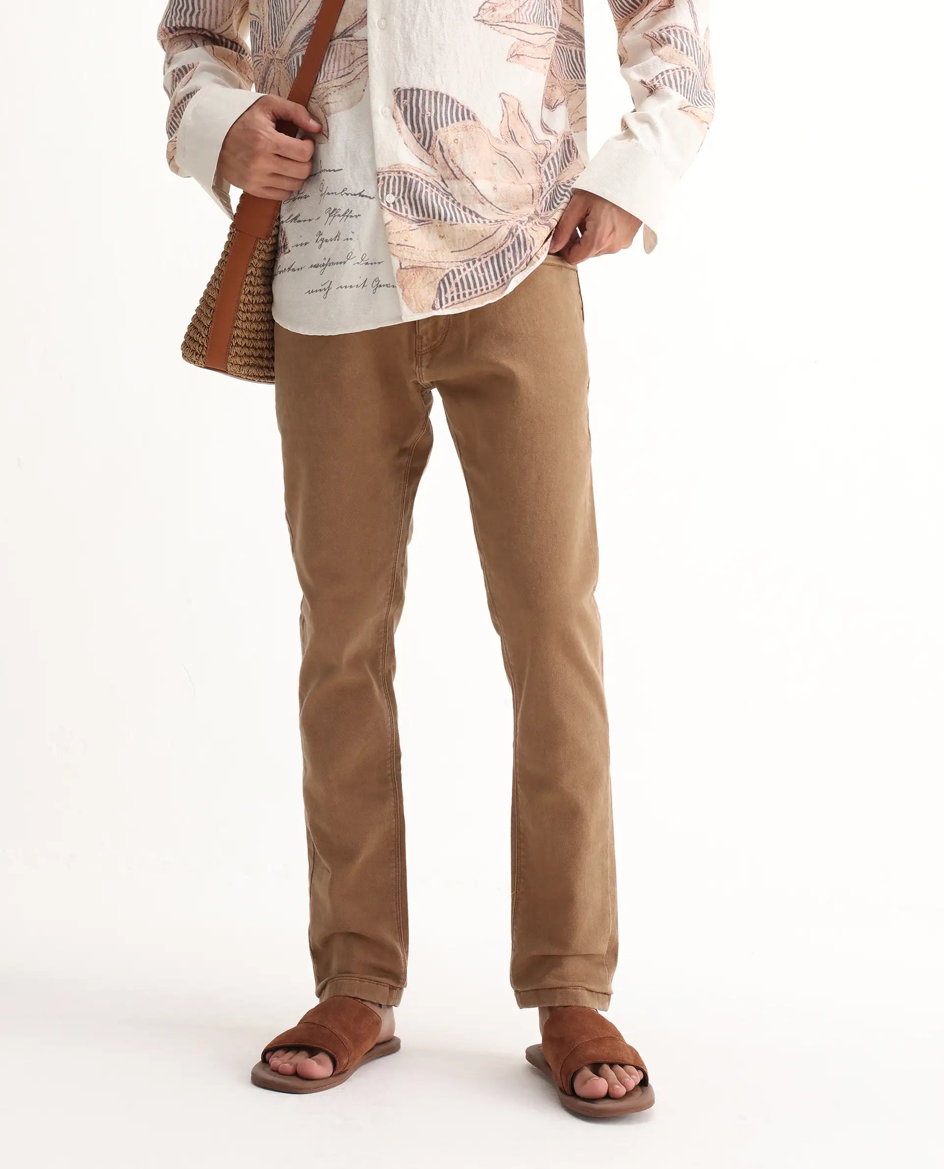 Rare Rabbit Men's Jordon Brown Cotton Plain Hawk Slim Fit Jeans