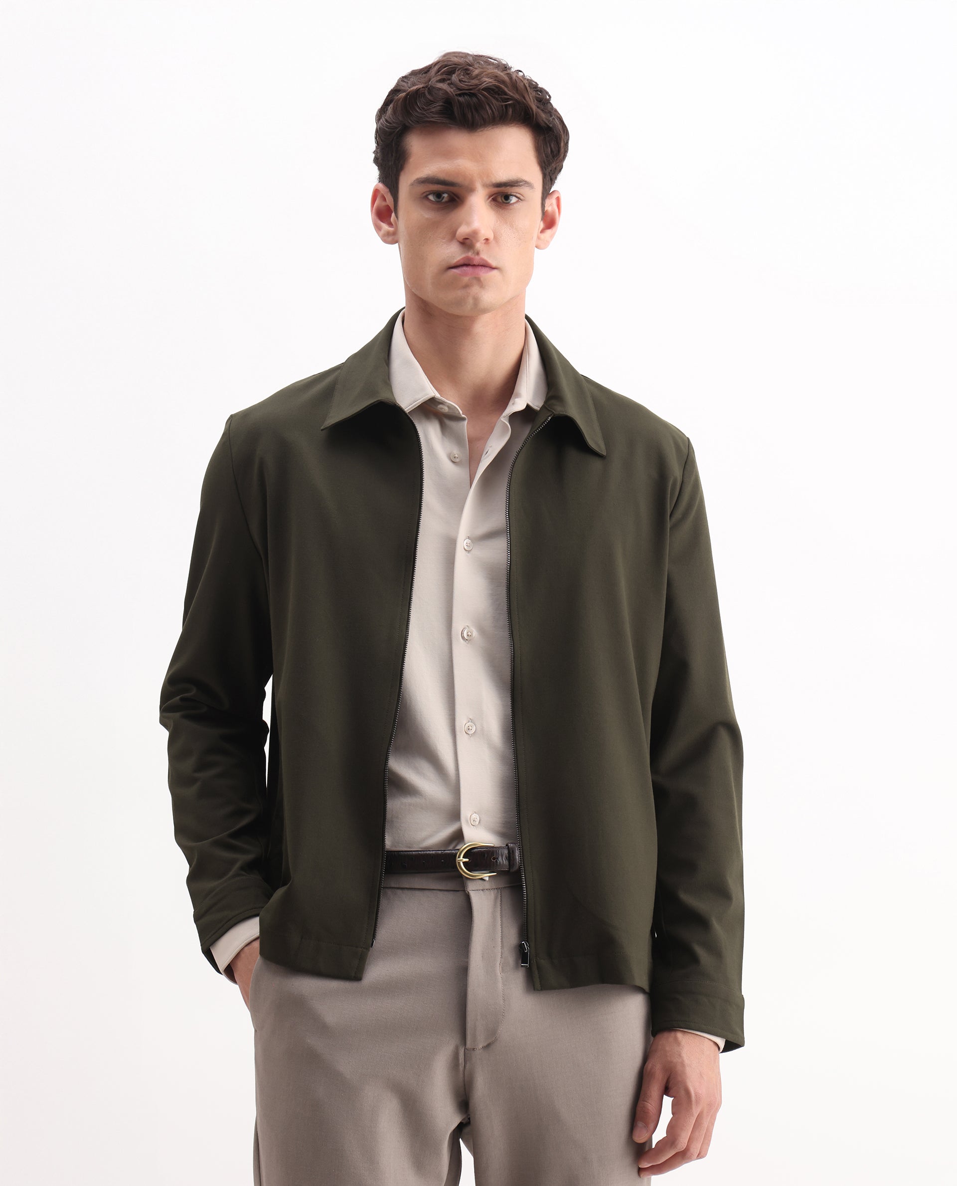 Rare Rabbit Men's Juan-25 Olive Polyester Blend Plain Regular Fit Full Sleeve Collared Jacket