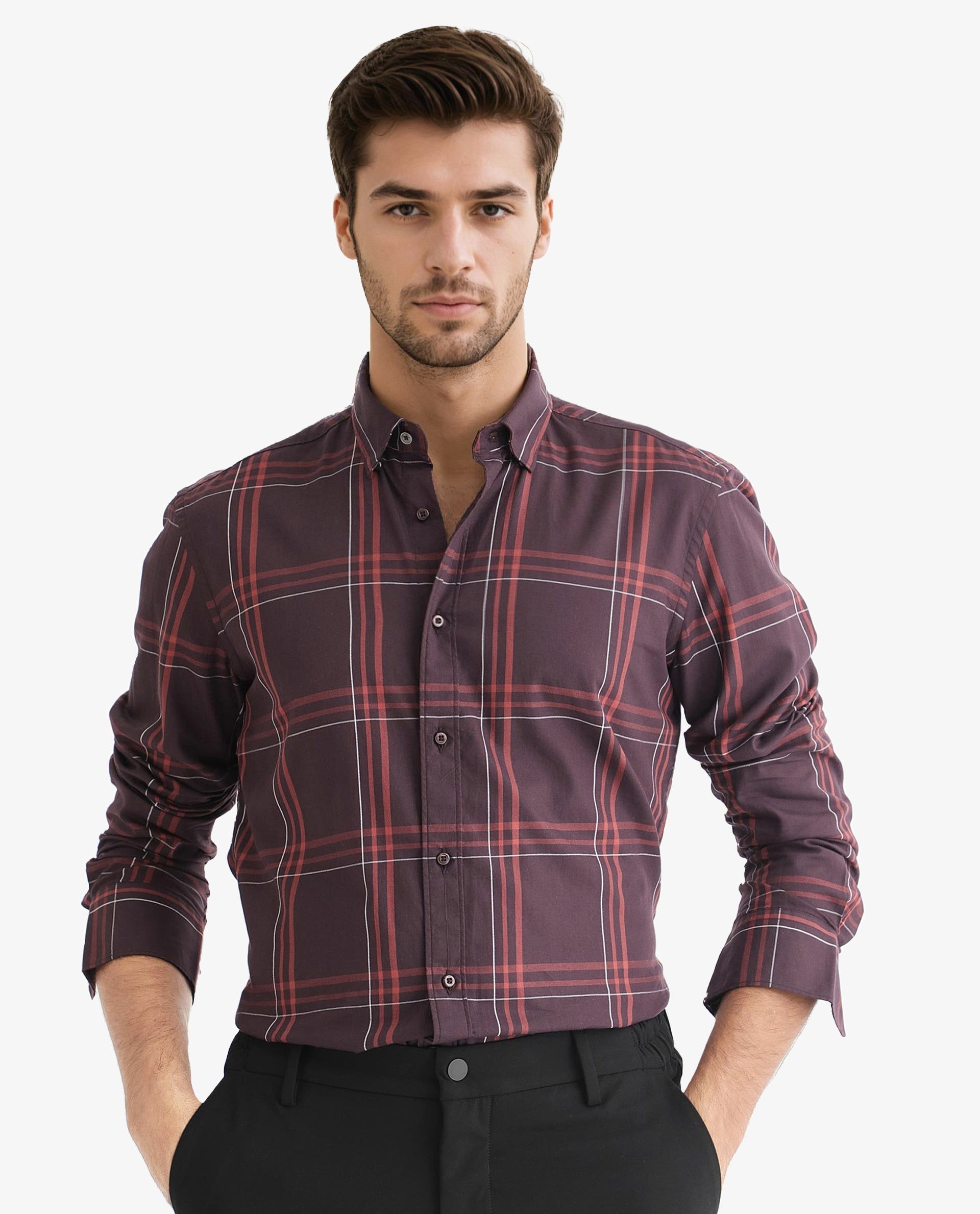 Rare Rabbit Men's Juba Dark Maroon Cotton Fabric Full Sleeves Checks Shirt