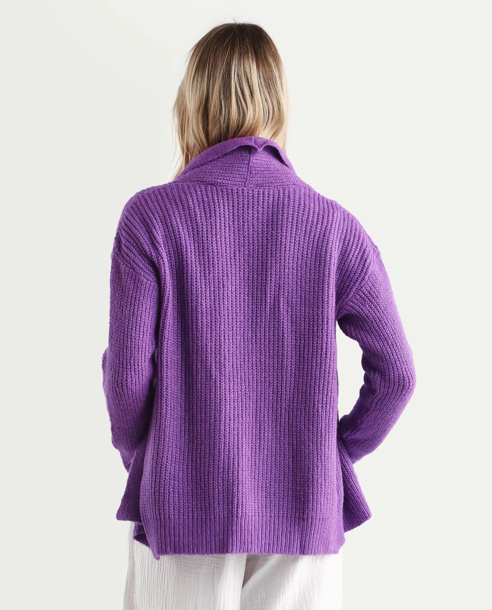 Rareism Women's Jug Purple Acrylic Collarless Plain Mini Relaxed Fit Shrug