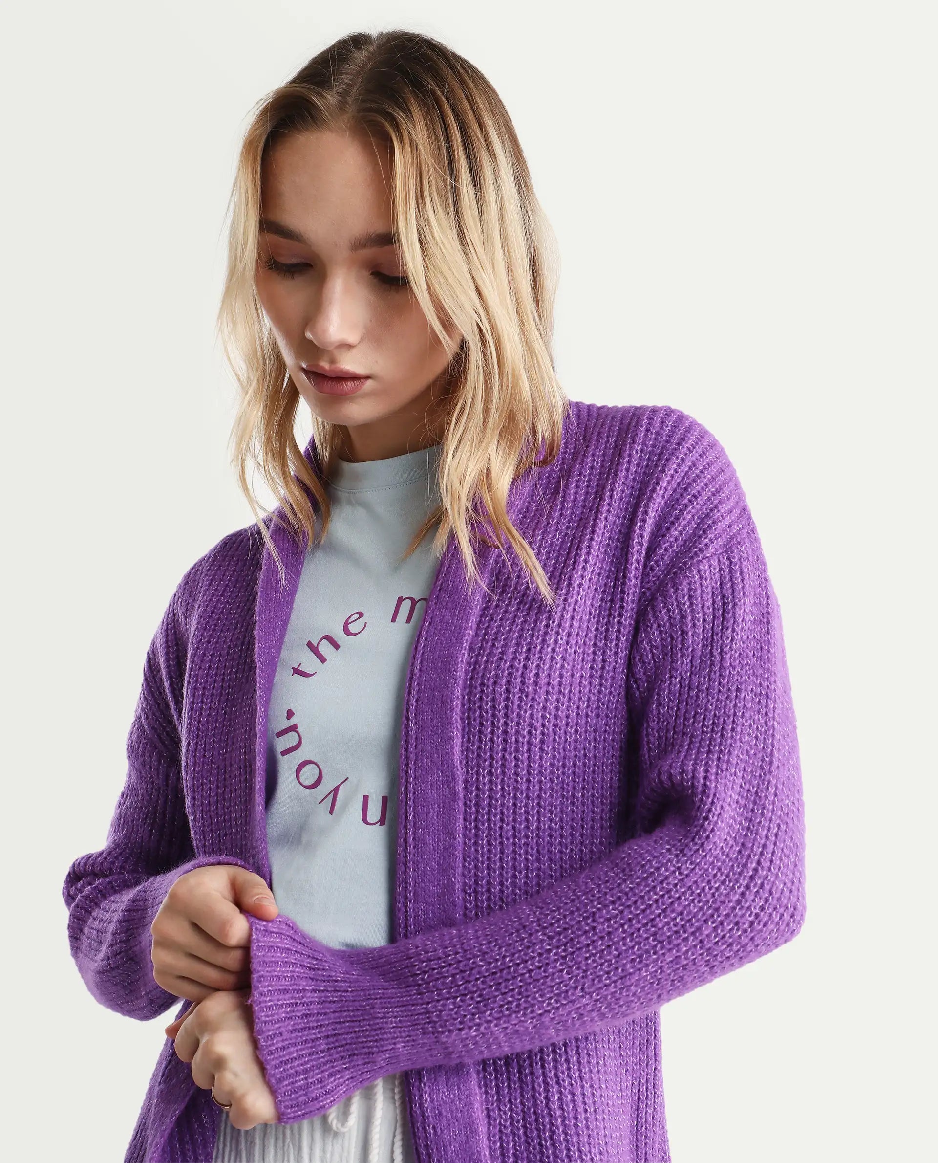 Rareism Women's Jug Purple Acrylic Collarless Plain Mini Relaxed Fit Shrug