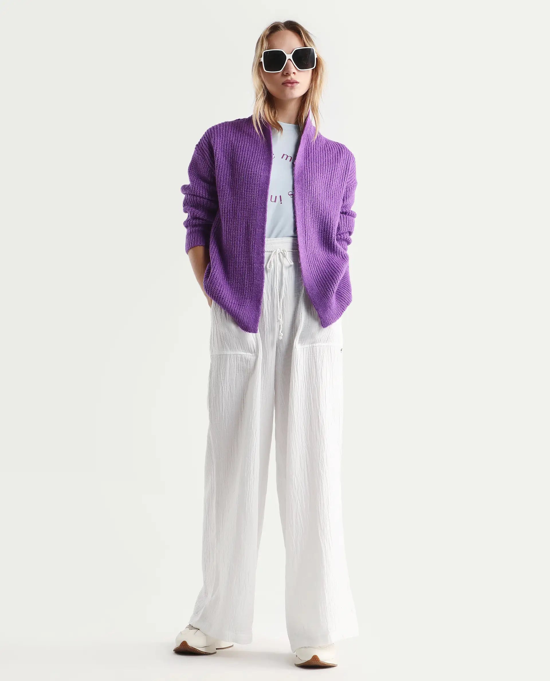 Rareism Women's Jug Purple Acrylic Collarless Plain Mini Relaxed Fit Shrug