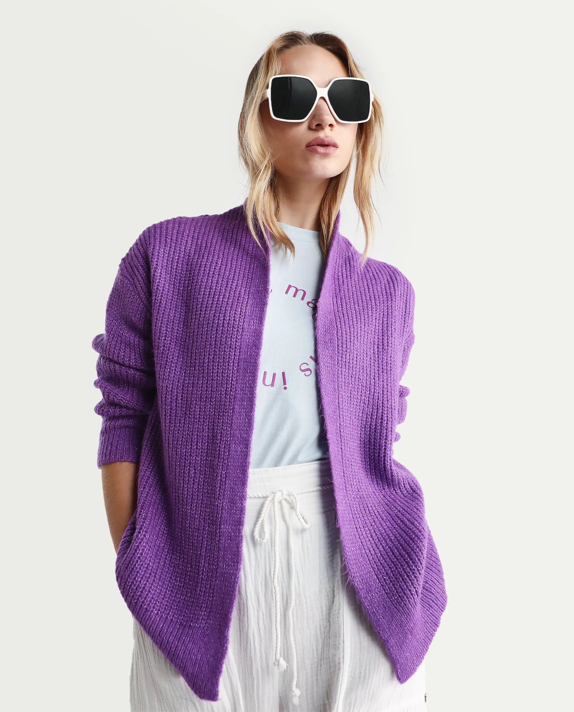 Rareism Women's Jug Purple Acrylic Collarless Plain Mini Relaxed Fit Shrug