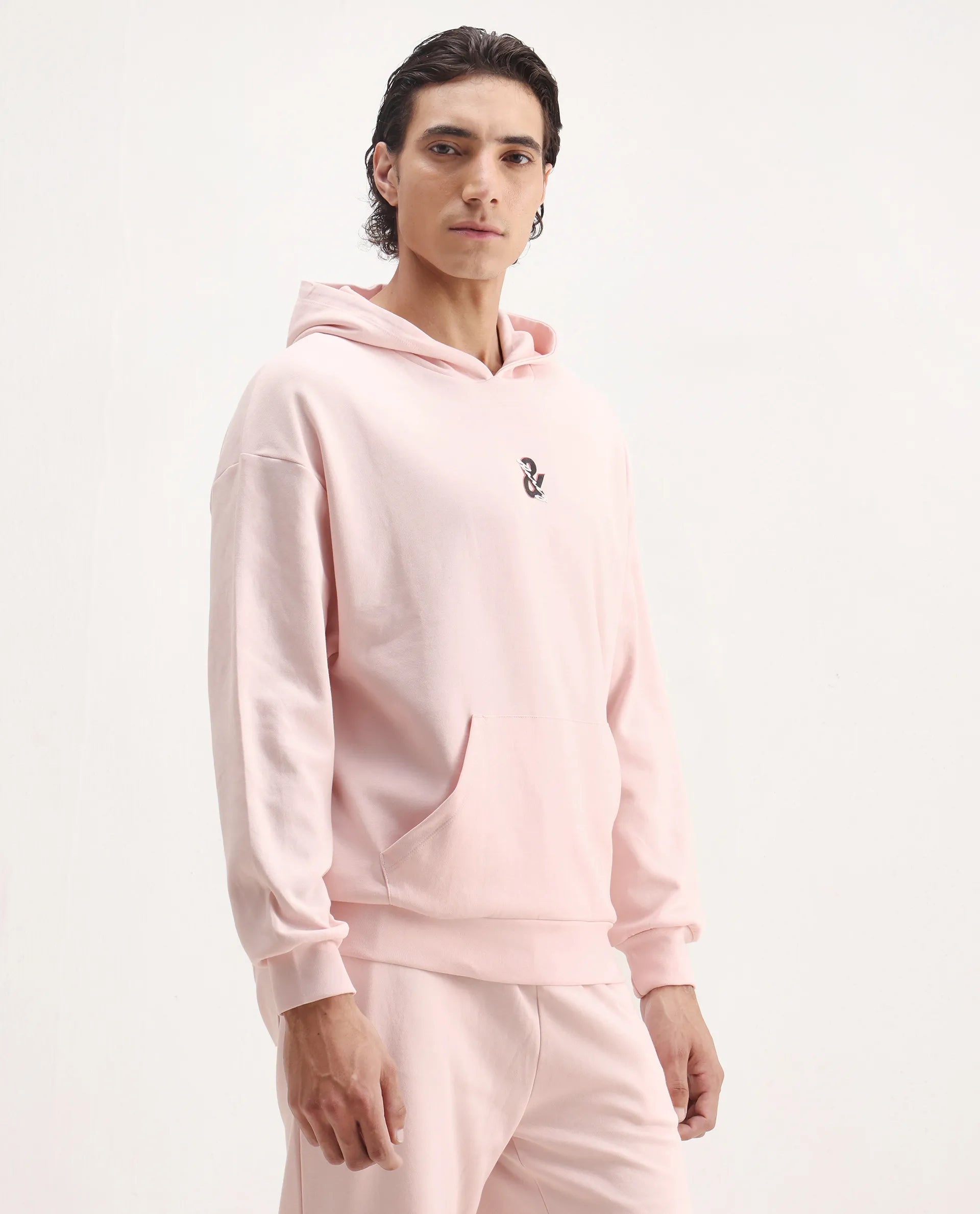 Rare Rabbit Men's Junol Pastel Pink Cotton Blend Embroidered Boxy Fit Full Sleeve Hooded Sweatshirt