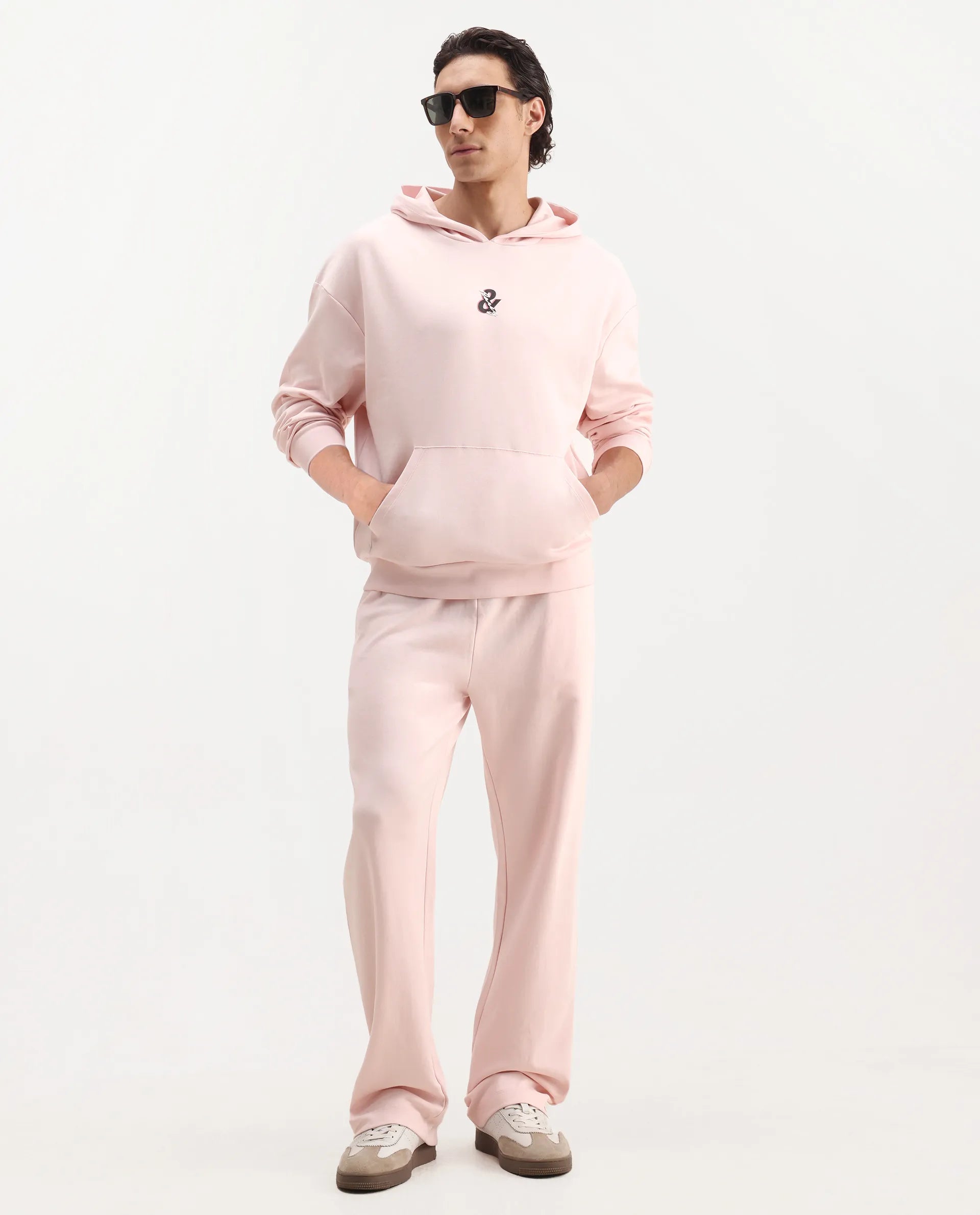 Rare Rabbit Men's Junol Pastel Pink Cotton Blend Embroidered Boxy Fit Full Sleeve Hooded Sweatshirt