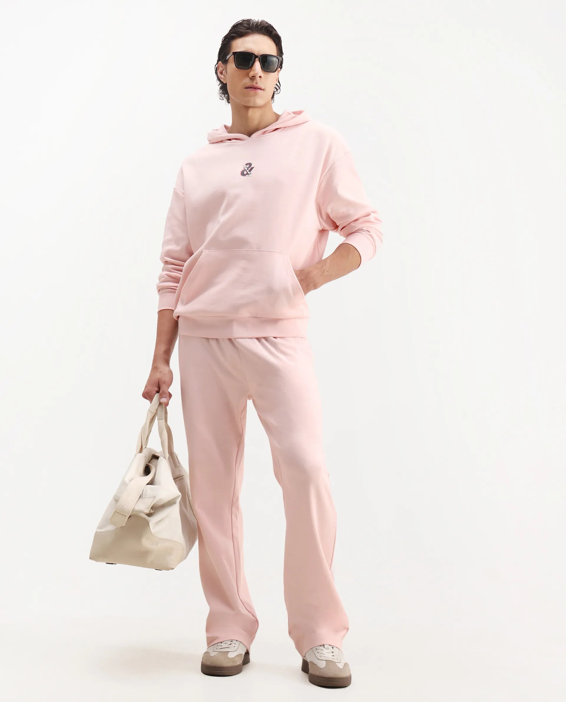 Rare Rabbit Men's Junolt-B Pastel Pink Cotton Blend Embroidered Regular Fit Track Pant