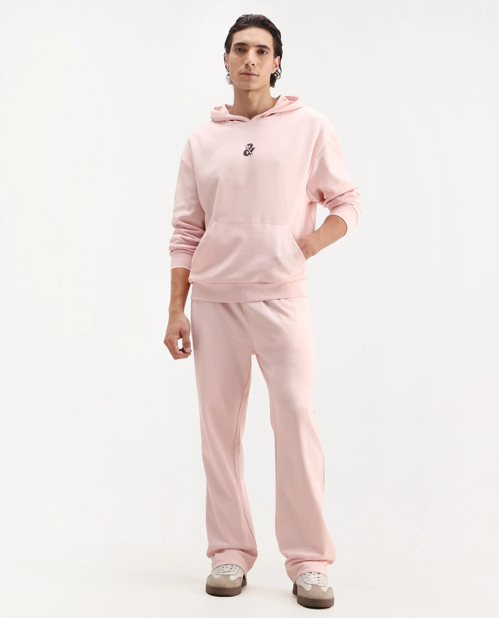Rare Rabbit Men's Junolt-B Pastel Pink Cotton Blend Embroidered Regular Fit Track Pant
