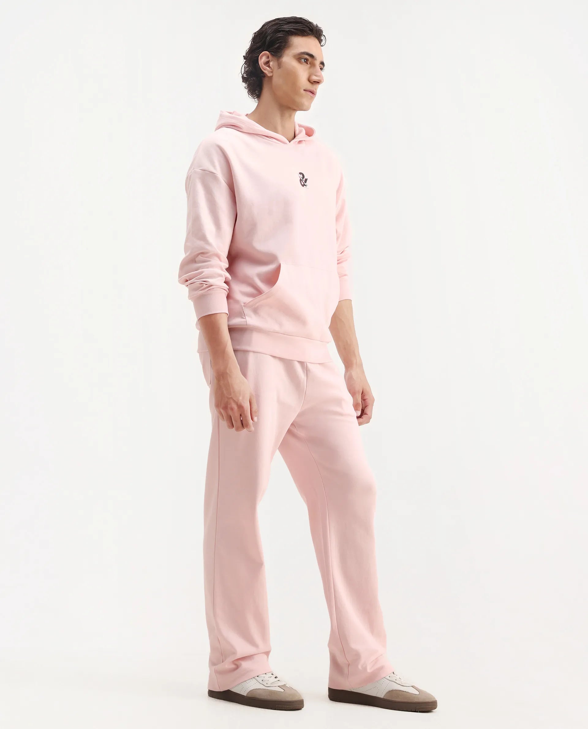 Rare Rabbit Men's Junolt-B Pastel Pink Cotton Blend Embroidered Regular Fit Track Pant