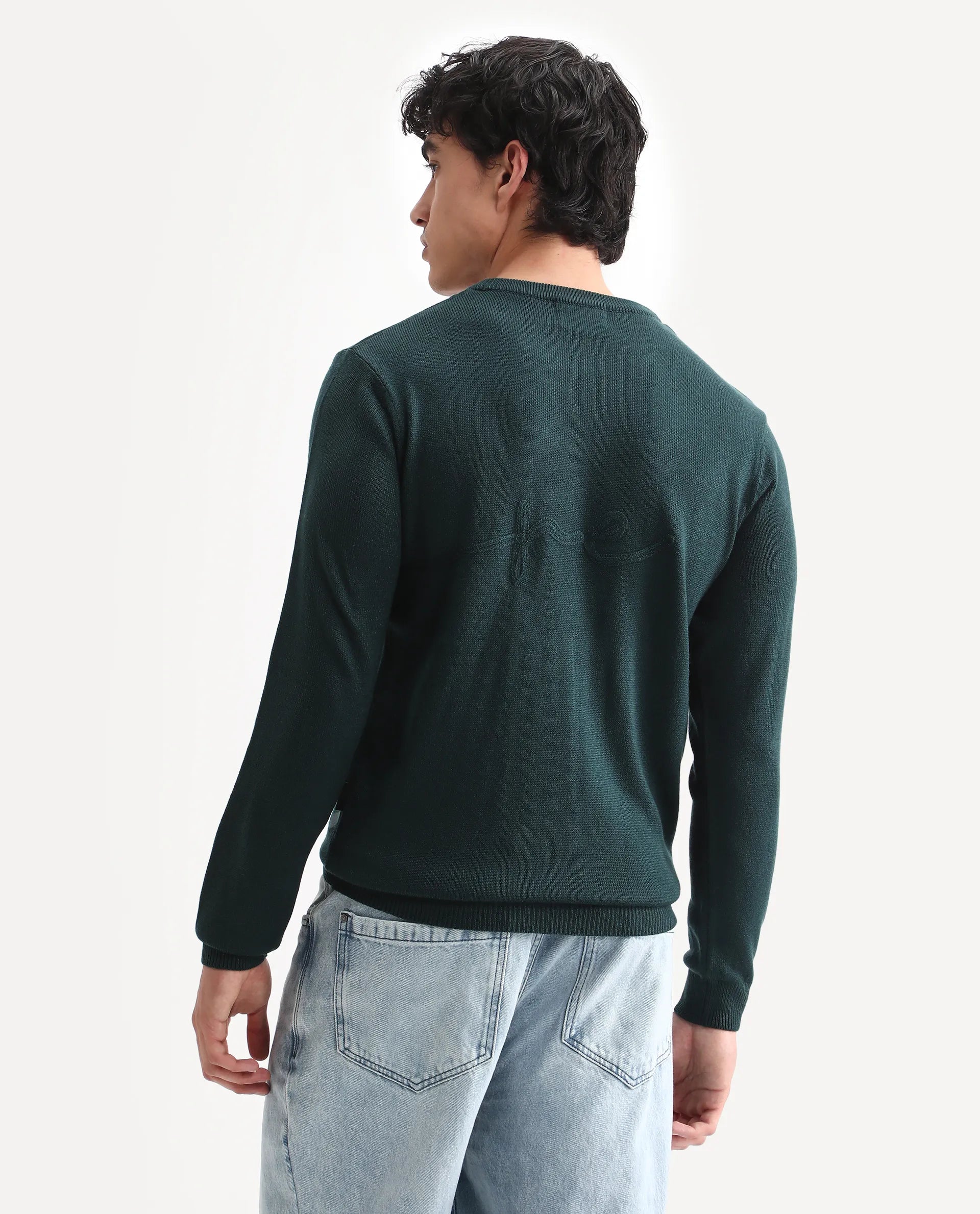 Rare Rabbit Men's Jupiter Teal Acrylic Embroidered Regular Fit Full Sleeve Crew Neck Sweater