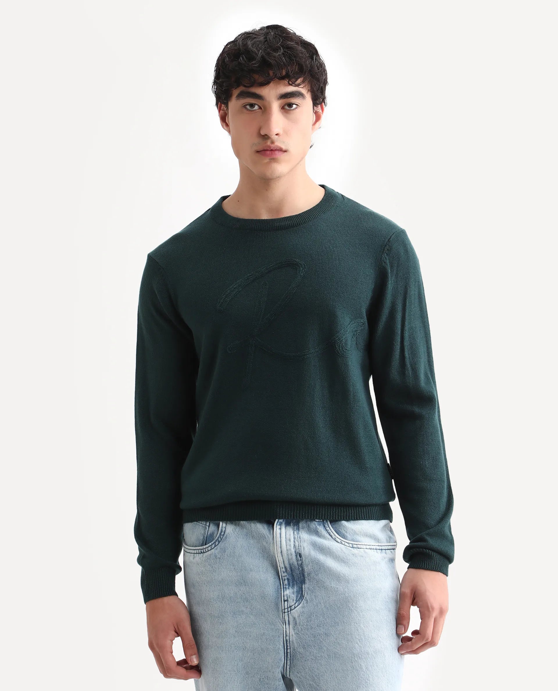 Rare Rabbit Men's Jupiter Teal Acrylic Embroidered Regular Fit Full Sleeve Crew Neck Sweater
