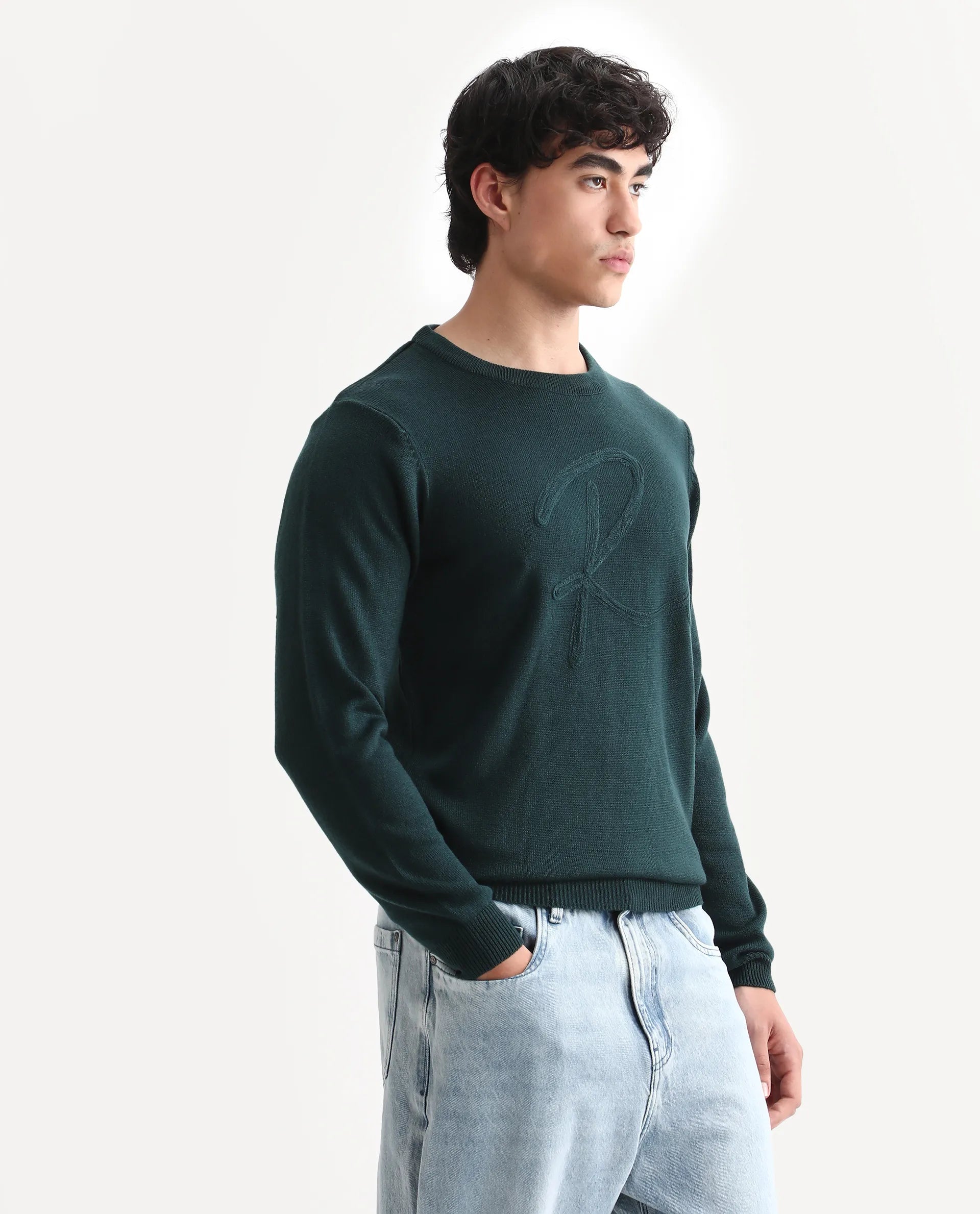 Rare Rabbit Men's Jupiter Teal Acrylic Embroidered Regular Fit Full Sleeve Crew Neck Sweater