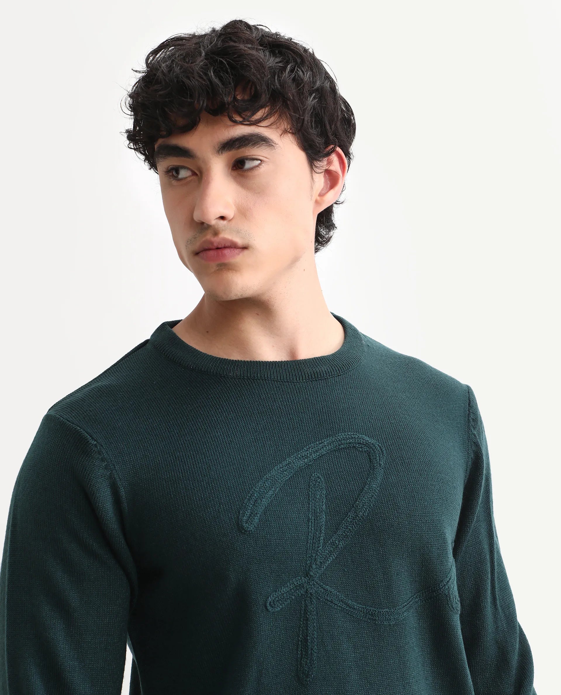 Rare Rabbit Men's Jupiter Teal Acrylic Embroidered Regular Fit Full Sleeve Crew Neck Sweater