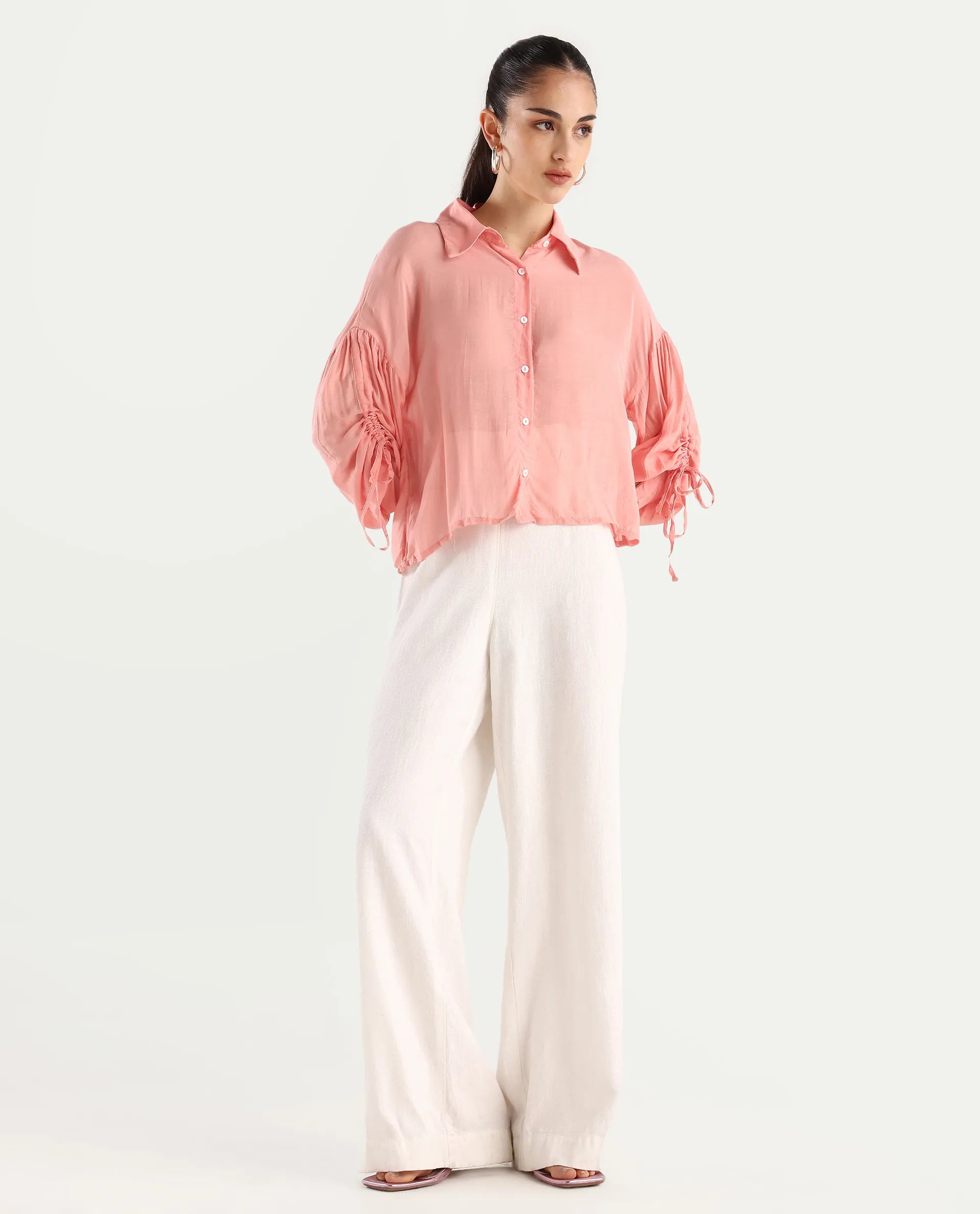 Rareism Women's Jux Pastel Pink Polyester Blend Drop Collar Plain Cuffed Sleeve Regular Fit Top