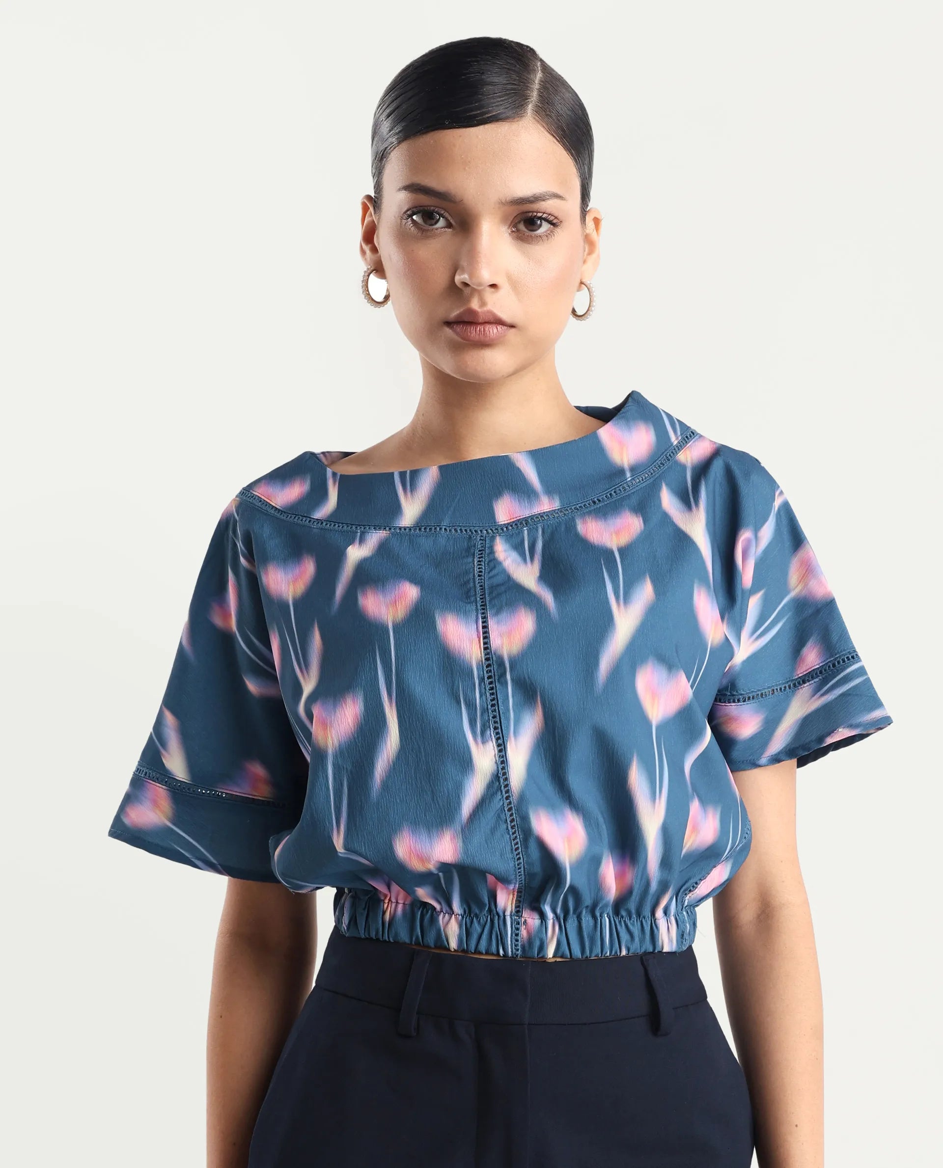 Rareism Women's Kahlani Dark Grey Polyester Blend Boat Neck Abstract Print Extended Sleeves Regular Fit Top