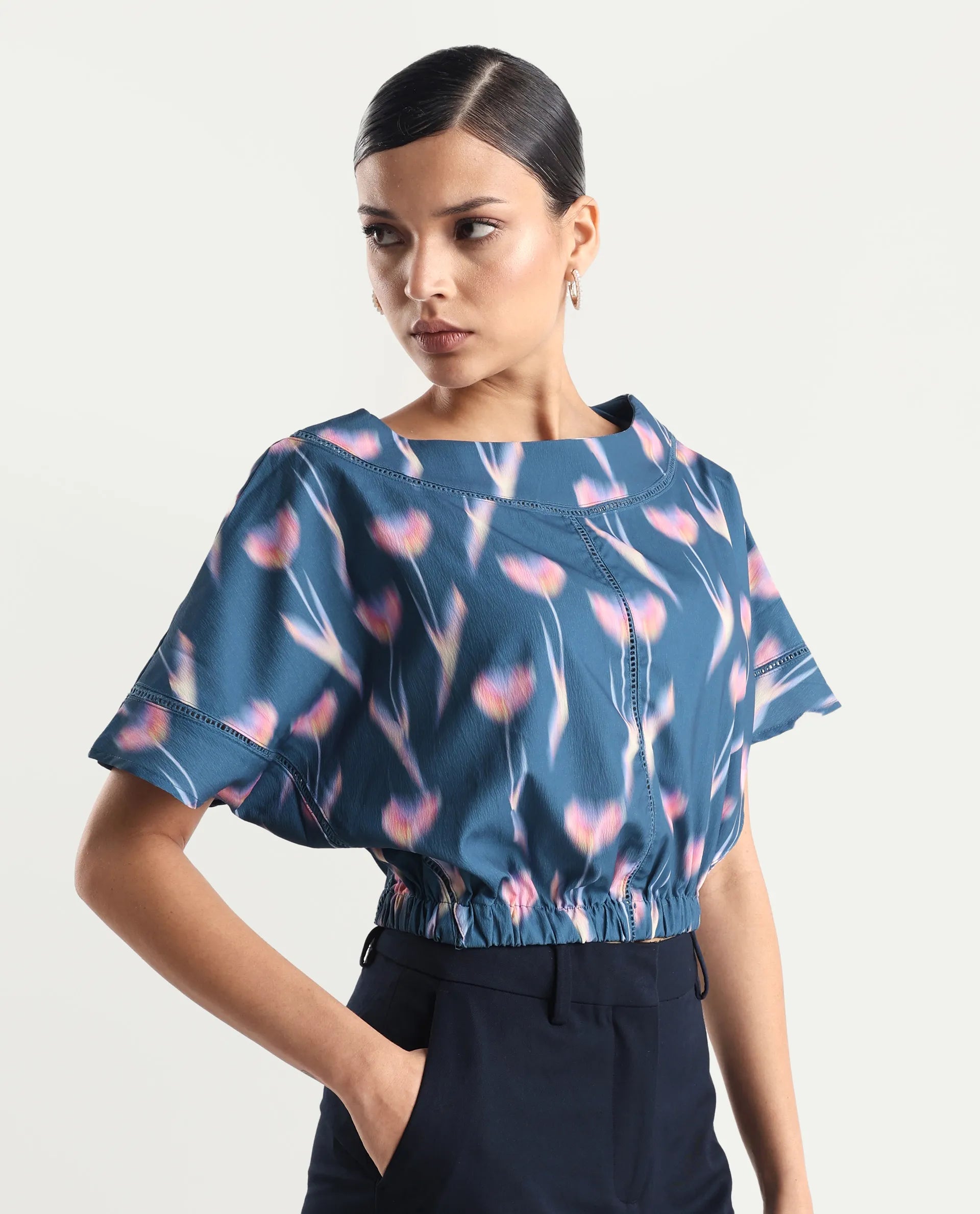 Rareism Women's Kahlani Dark Grey Polyester Blend Boat Neck Abstract Print Extended Sleeves Regular Fit Top