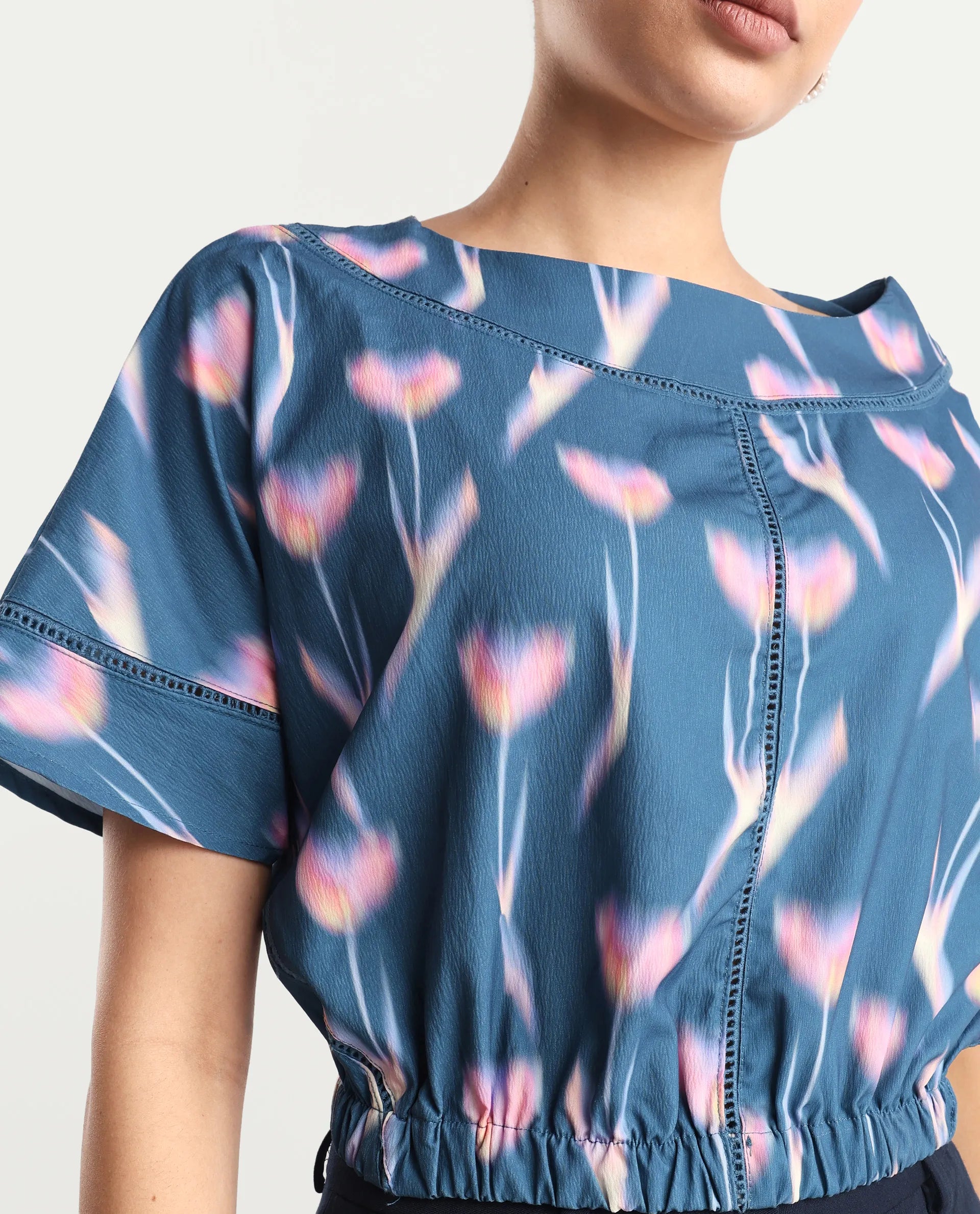 Rareism Women's Kahlani Dark Grey Polyester Blend Boat Neck Abstract Print Extended Sleeves Regular Fit Top