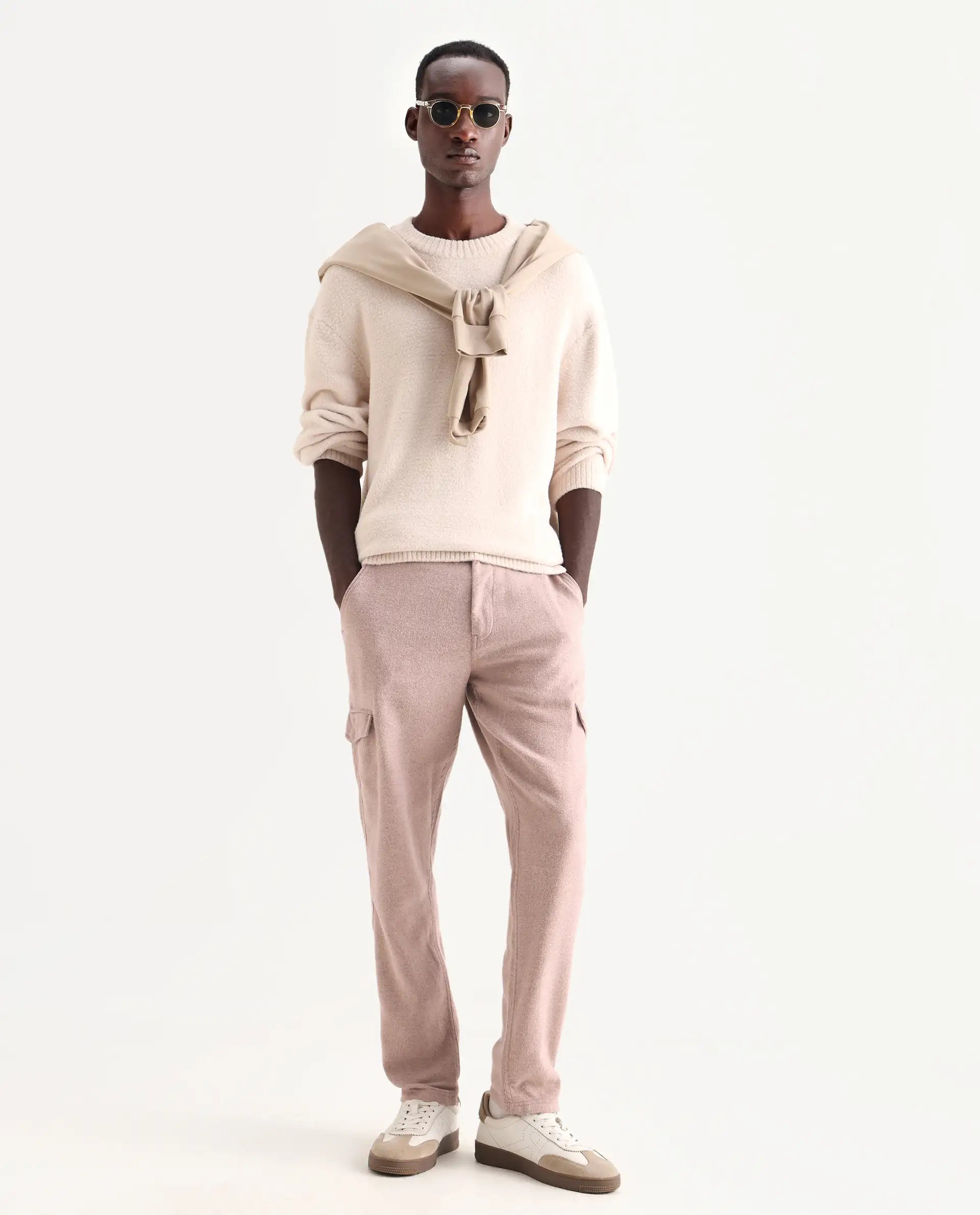 Rare Rabbit Men's Kalor Peach Cotton Blend Plain Regular Fit Trouser