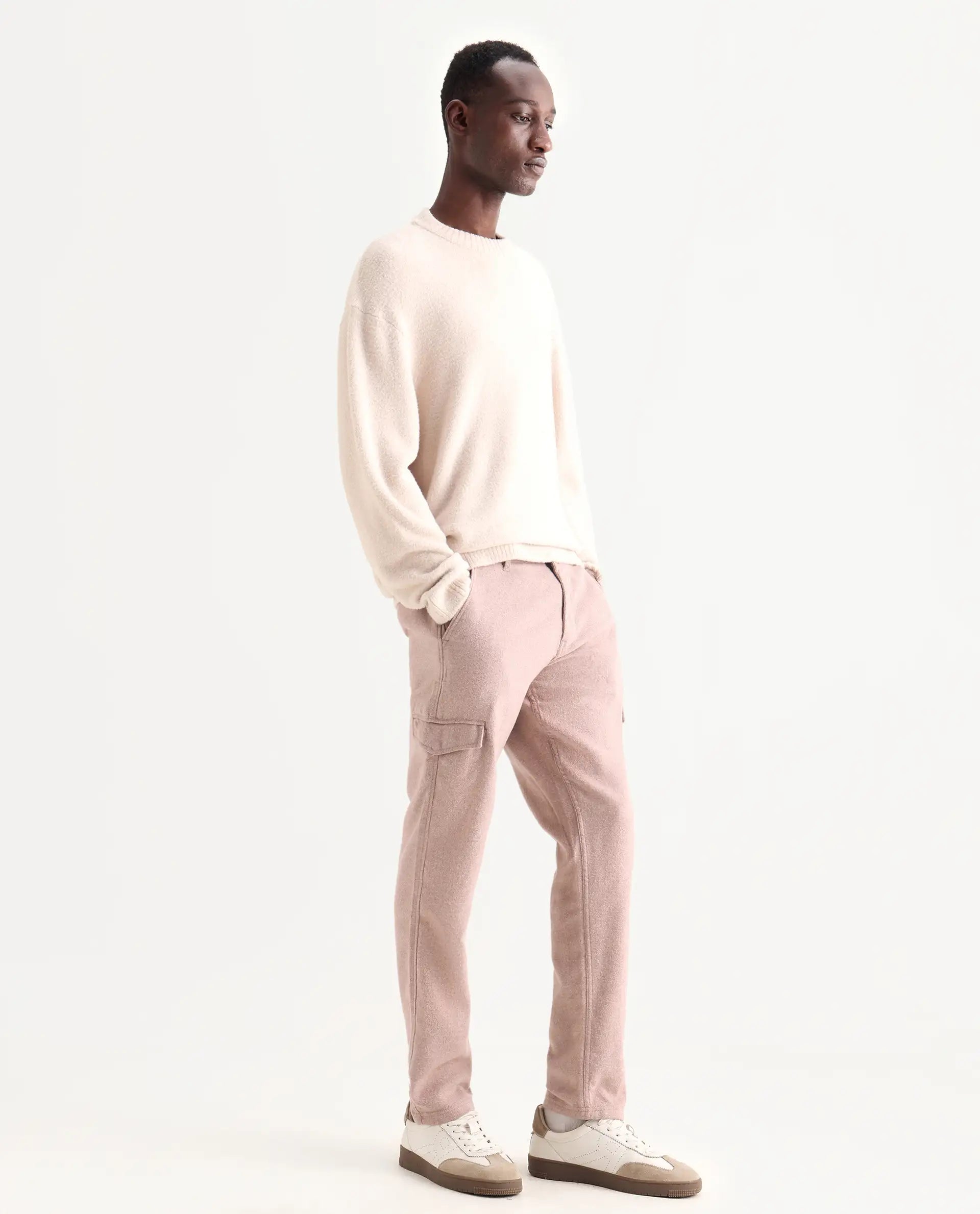 Rare Rabbit Men's Kalor Peach Cotton Blend Plain Regular Fit Trouser