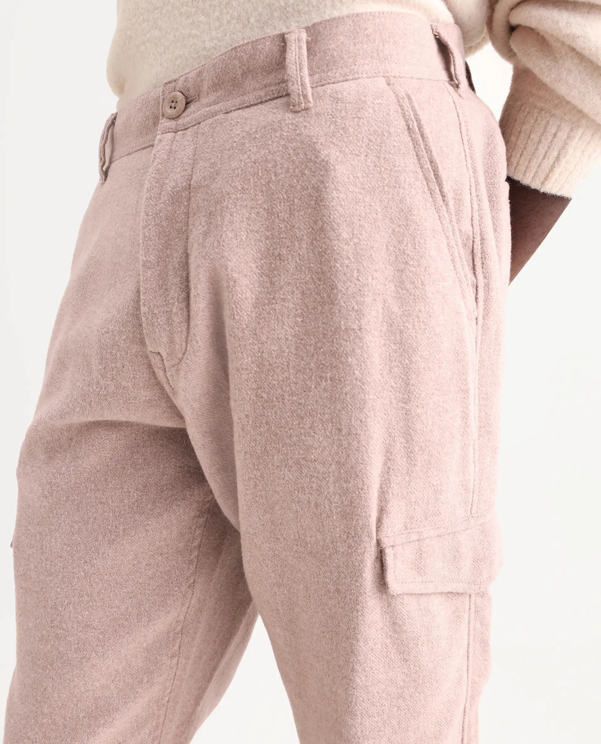 Rare Rabbit Men's Kalor Peach Cotton Blend Plain Regular Fit Trouser