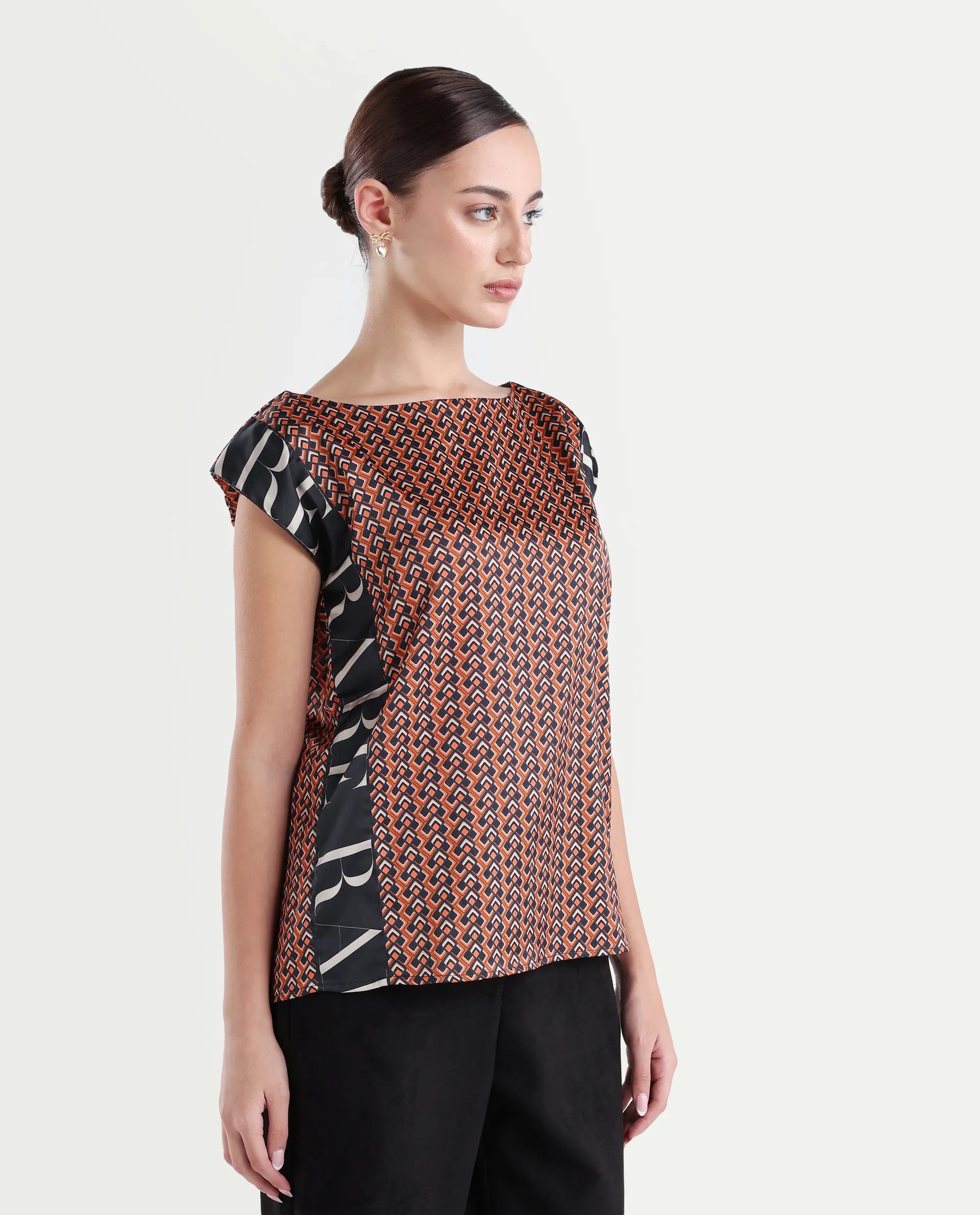 Rareism Women's Kanad Orange Polyester Boat Neck Geometric Print Extended Sleeves Relaxed Fit Top