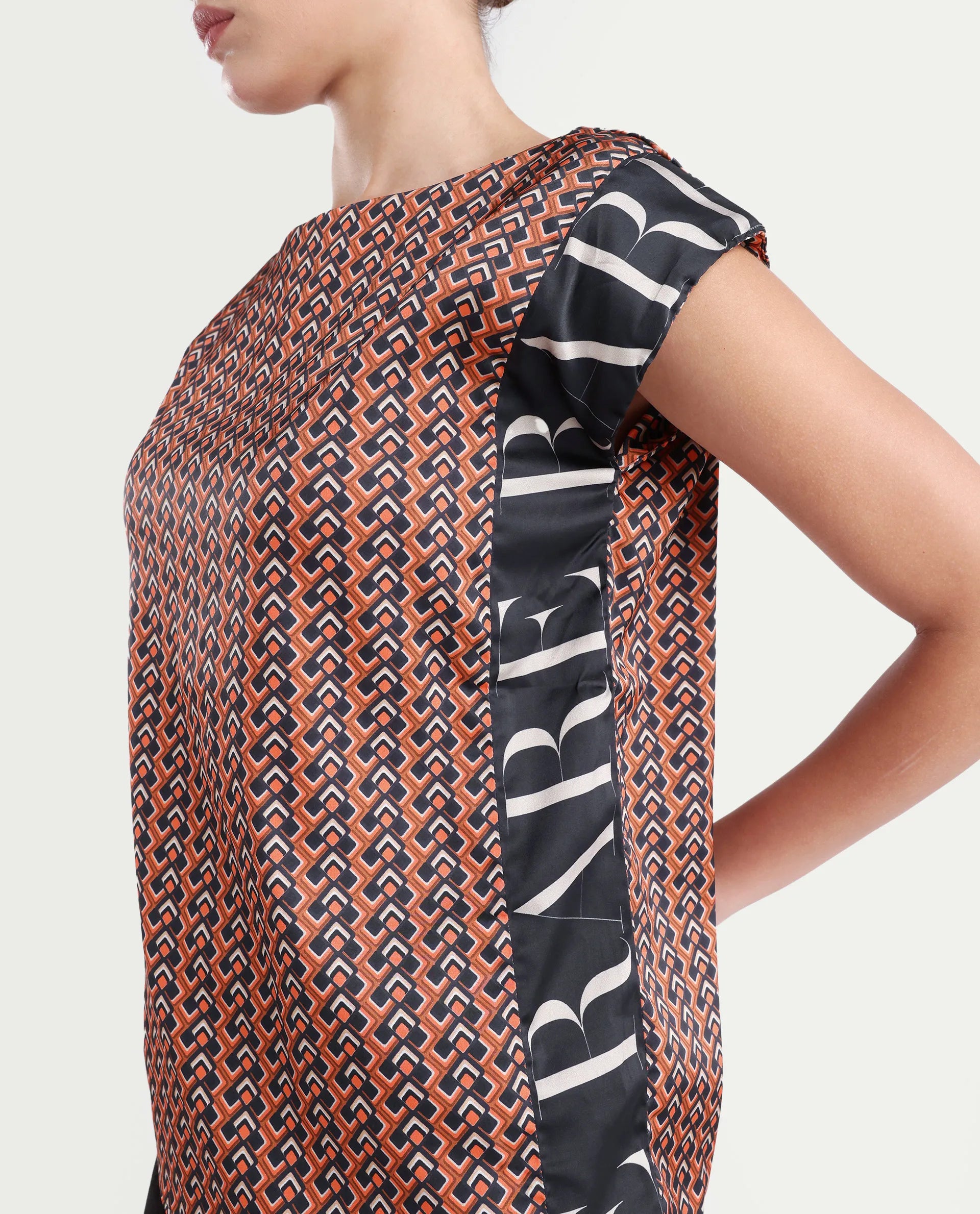 Rareism Women's Kanad Orange Polyester Boat Neck Geometric Print Extended Sleeves Relaxed Fit Top