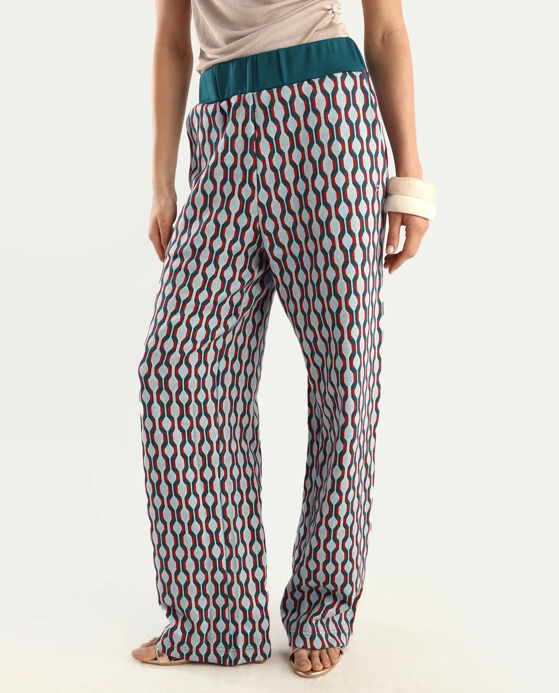 Rareism Women's Kane Multi Cotton Blend Geometric Print Ankle Length Straight Fit Track Pant