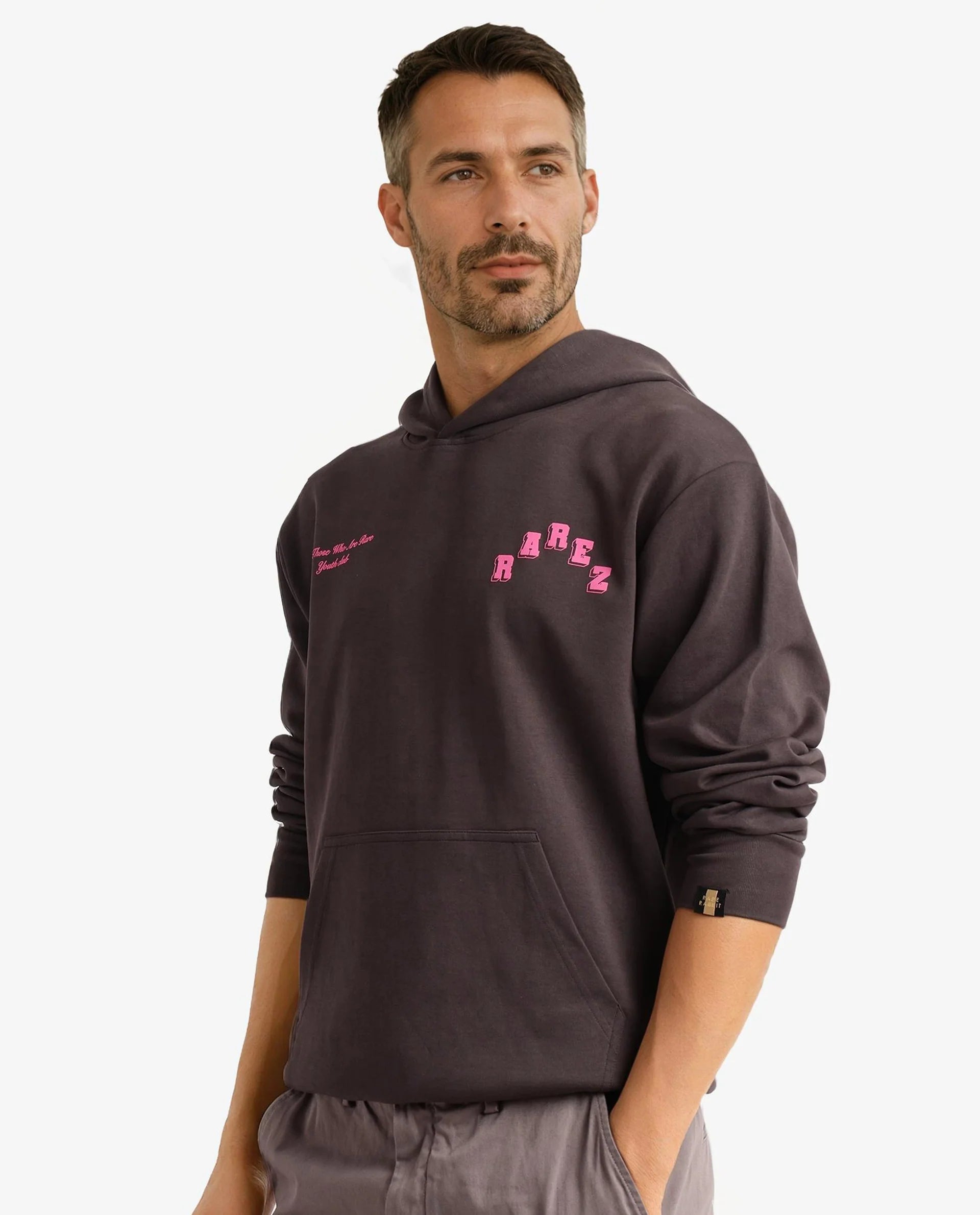 Rare Rabbit Men Kany-1 Dark Grey Cotton Fabric Full Sleeve Towel Embroidered Hooded Sweatshirt