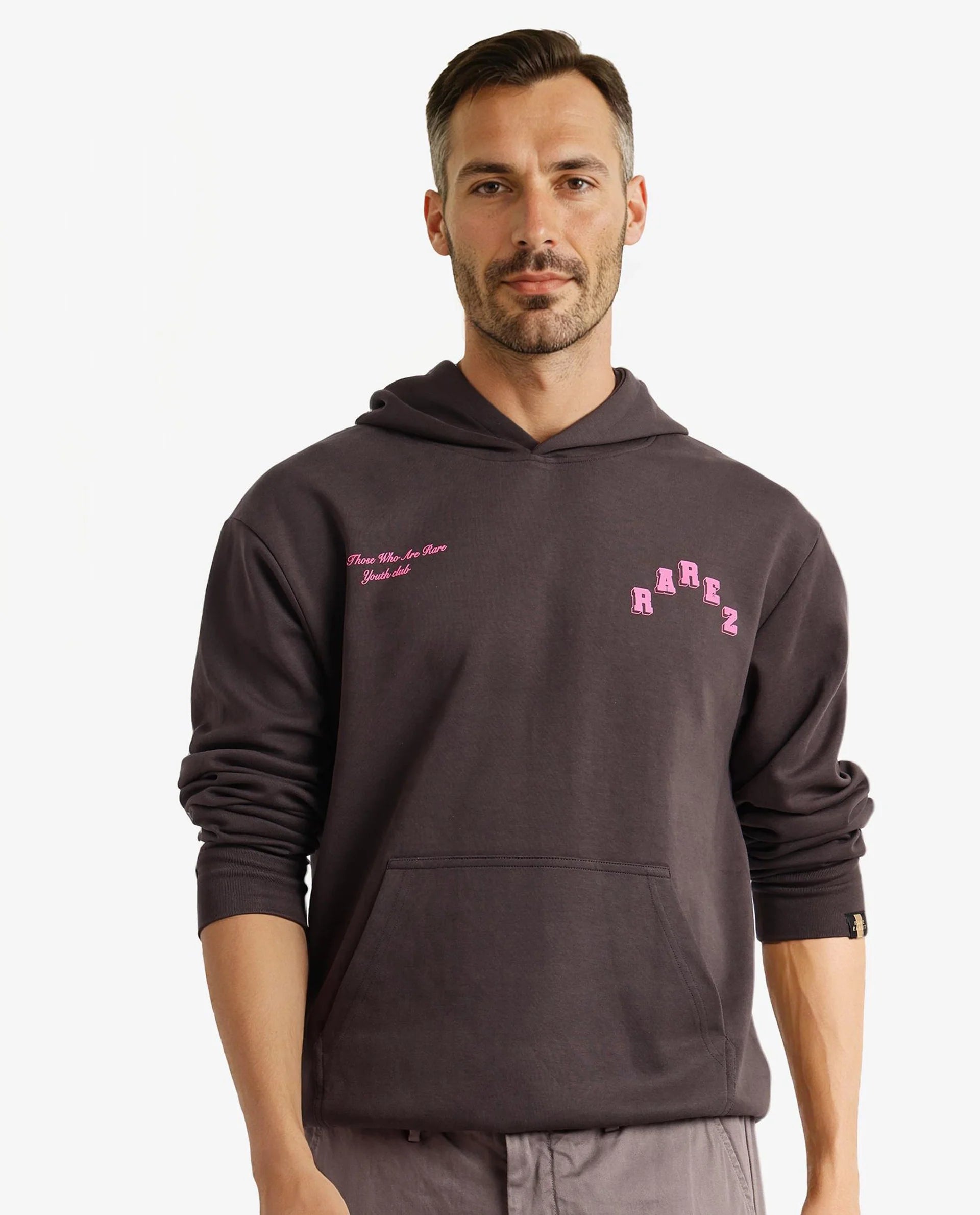 Rare Rabbit Men Kany-1 Dark Grey Cotton Fabric Full Sleeve Towel Embroidered Hooded Sweatshirt