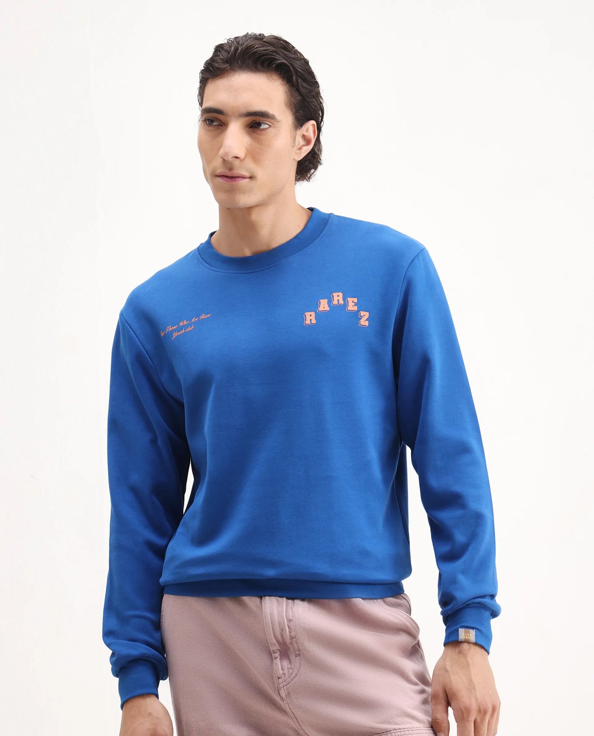 Rare Rabbit Men's Kany-2 Blue Cotton Embroidered Regular Fit Full Sleeve Crew Neck Sweatshirt