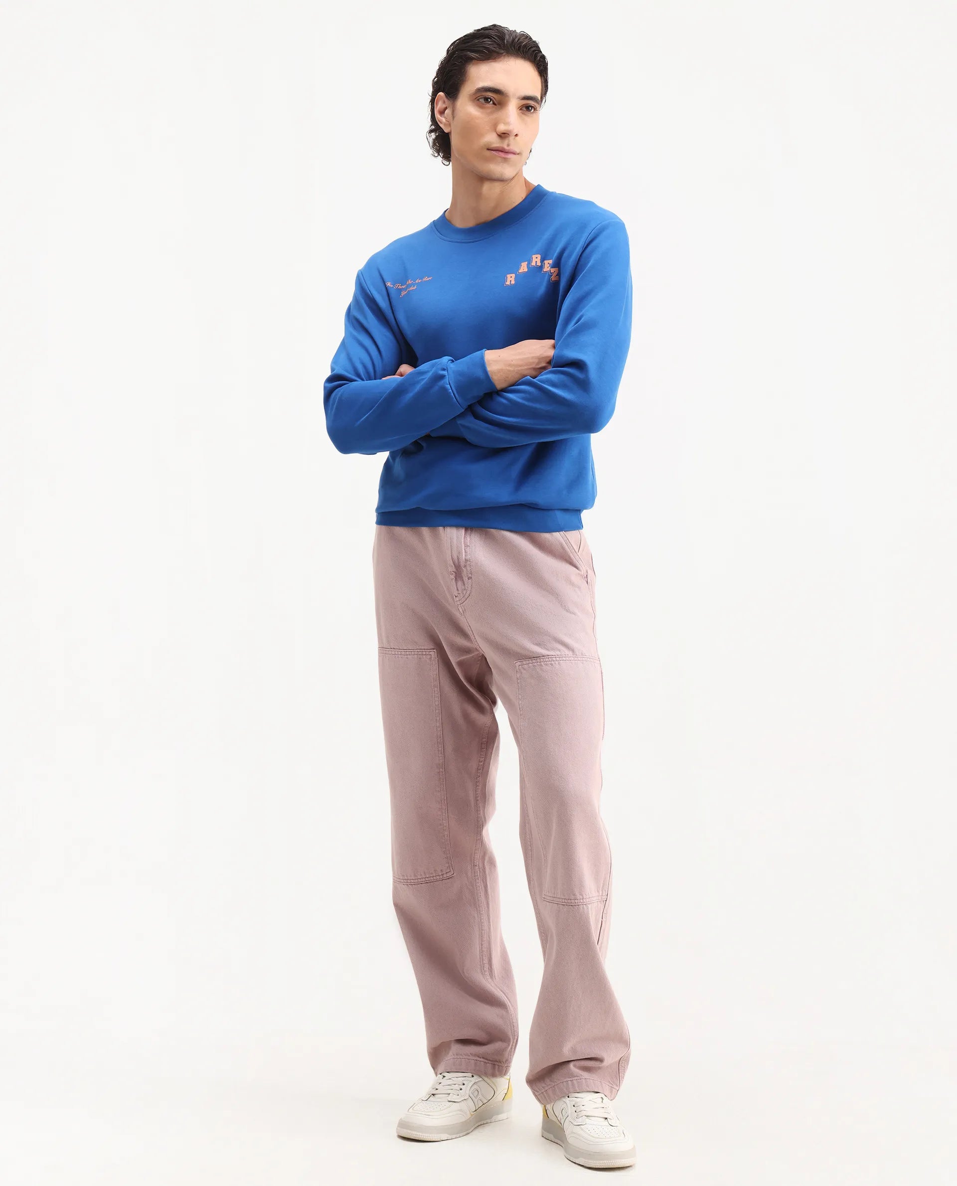 Rare Rabbit Men's Kany-2 Blue Cotton Embroidered Regular Fit Full Sleeve Crew Neck Sweatshirt