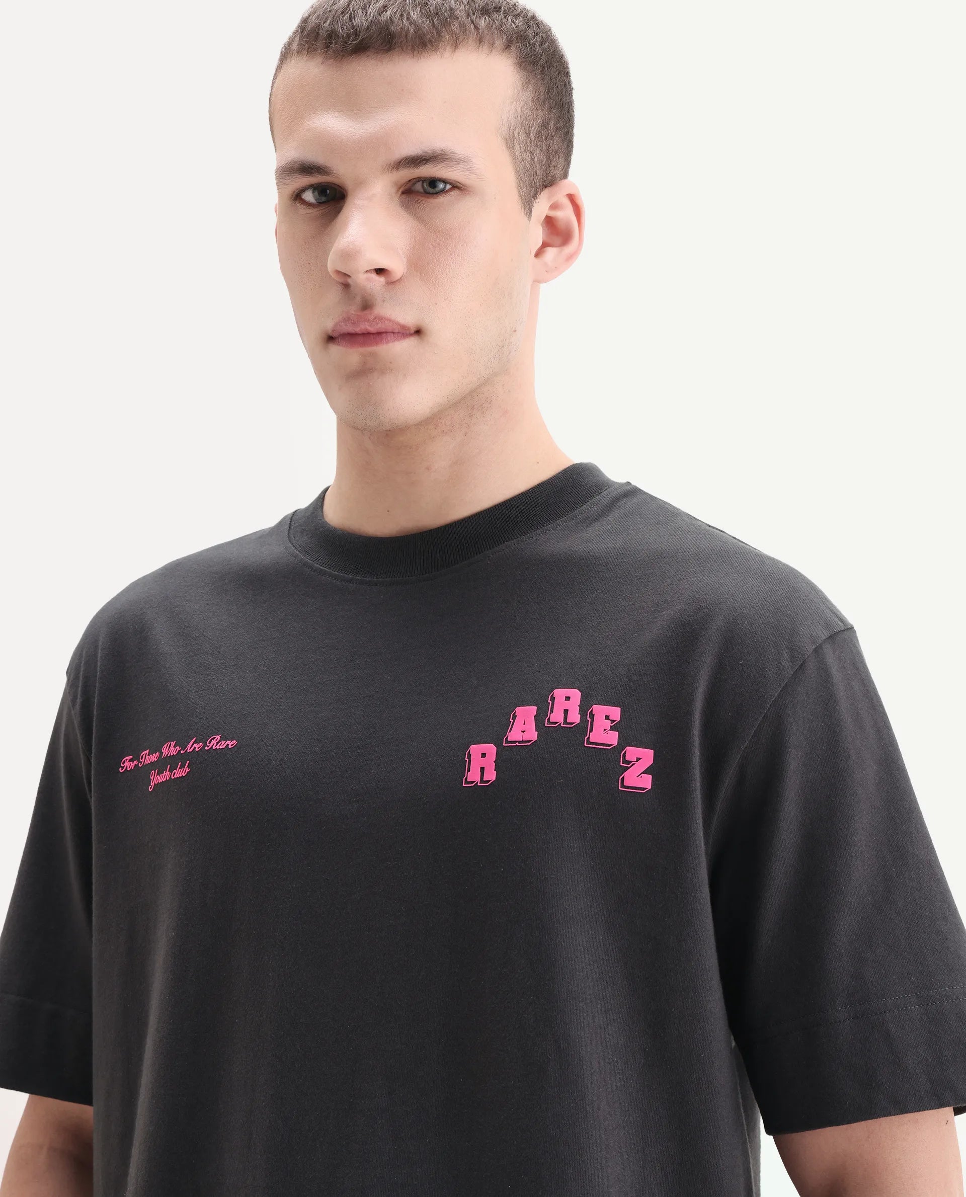 Rare Rabbit Men's Kany Dark Grey Cotton Embroidered Oversized Fit Half Sleeve Crew Neck T-Shirt