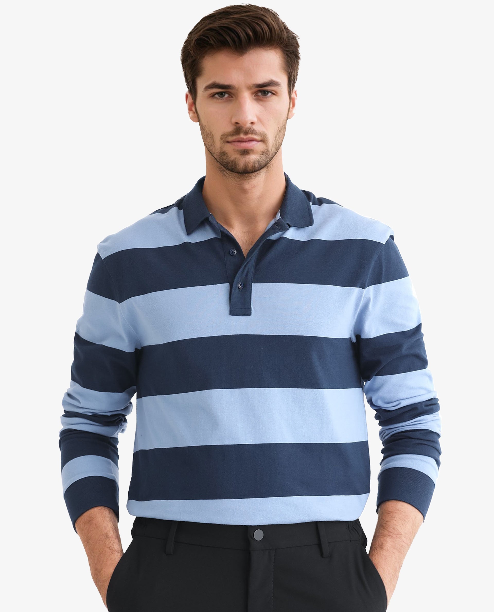 Rare Rabbit Men's Karen Dusky Blue Cotton Striped Print Regular Fit Full Sleeve Polo