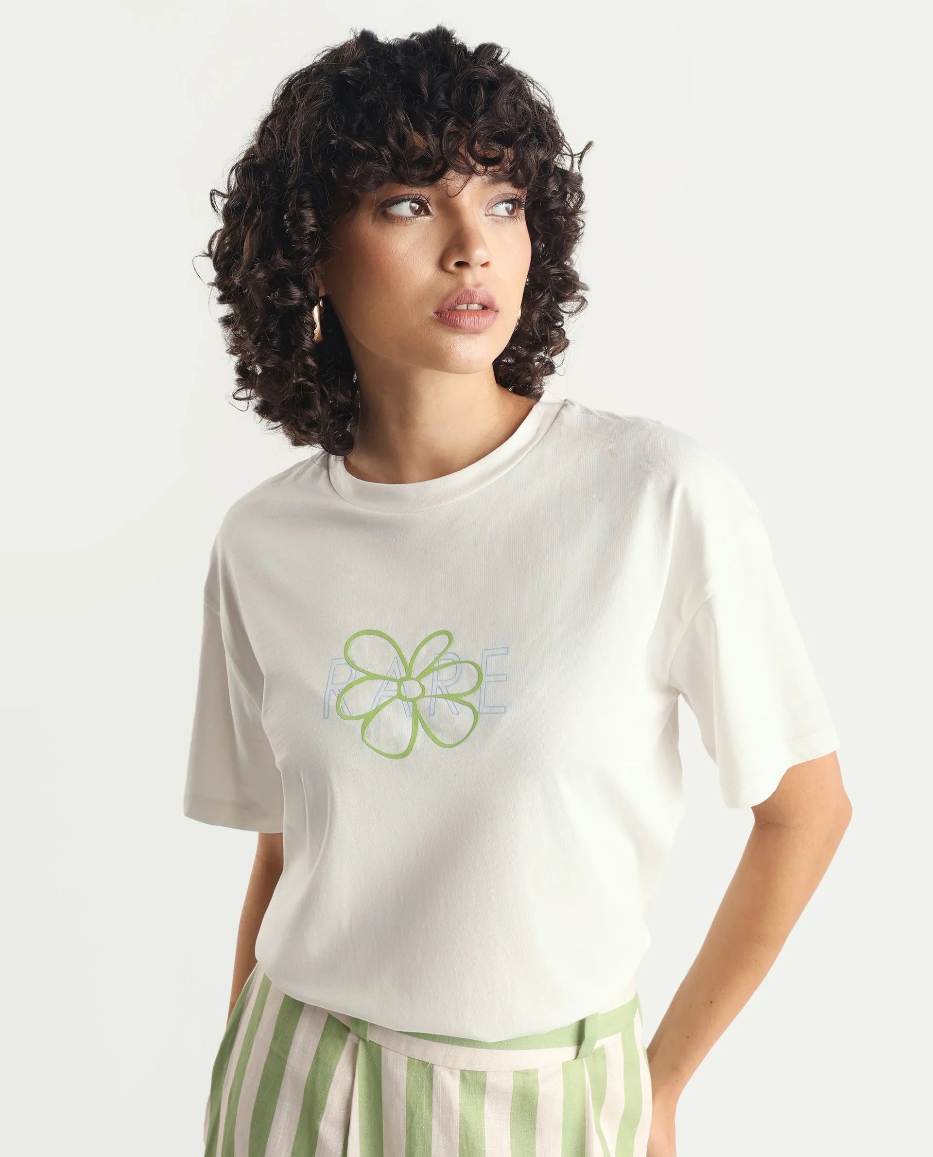 Rareism Women's Karen Off White Cotton Blend Crew Neck Graphic Print Boxy Fit T-Shirt