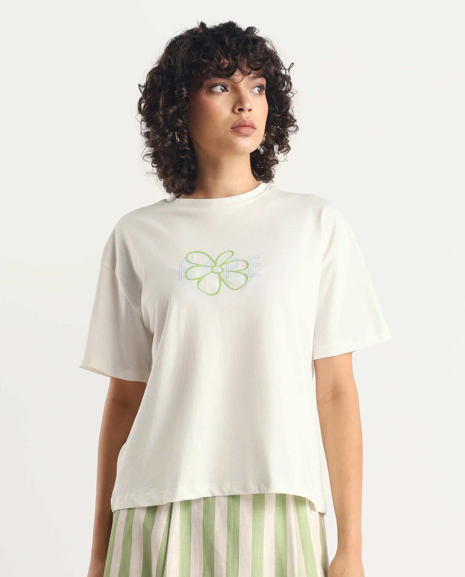 Rareism Women's Karen Off White Cotton Blend Crew Neck Graphic Print Boxy Fit T-Shirt