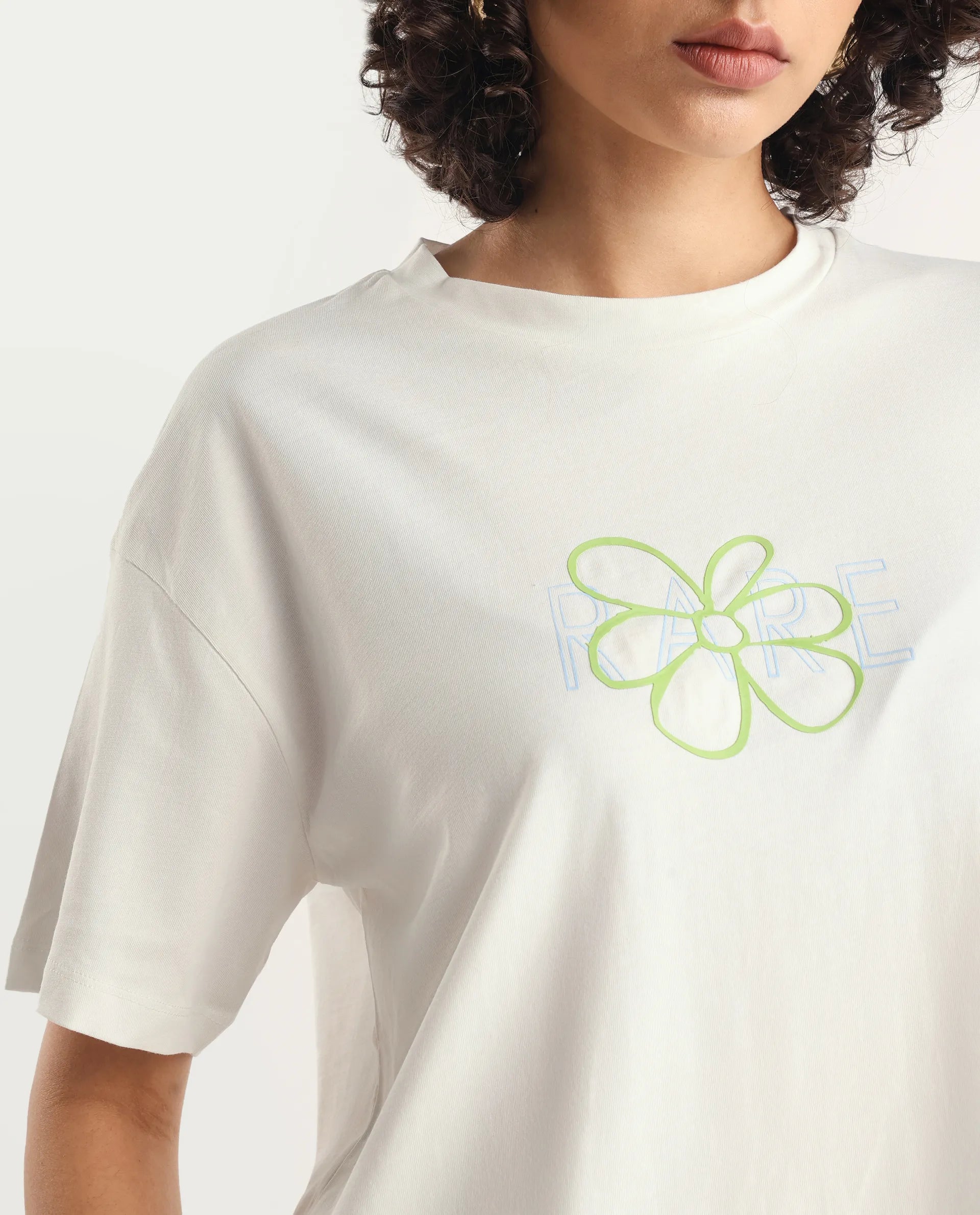 Rareism Women's Karen Off White Cotton Blend Crew Neck Graphic Print Boxy Fit T-Shirt