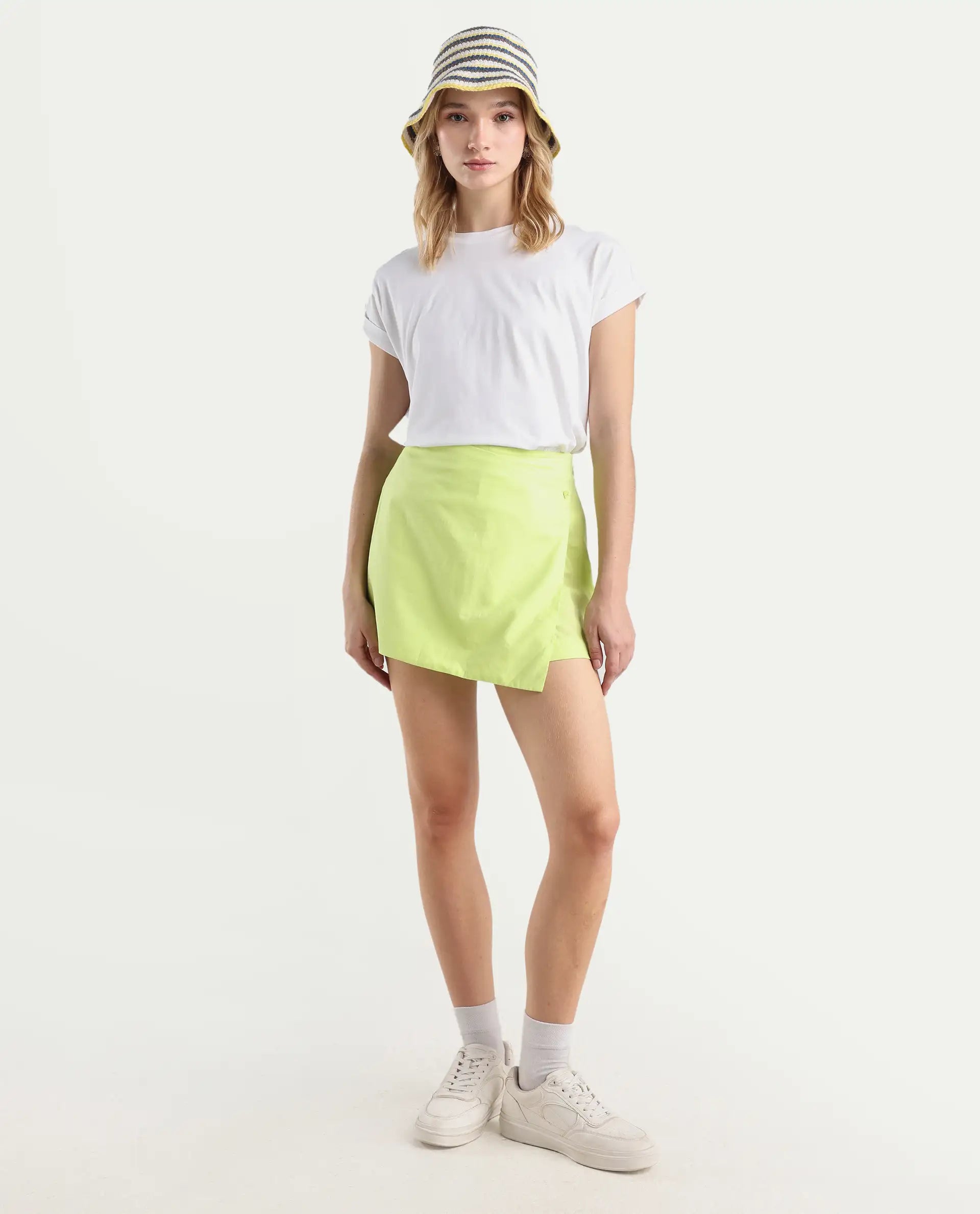 Rareism Women's Karine Flouroscent Green Cotton Plain Mini Regular Fit Skirt