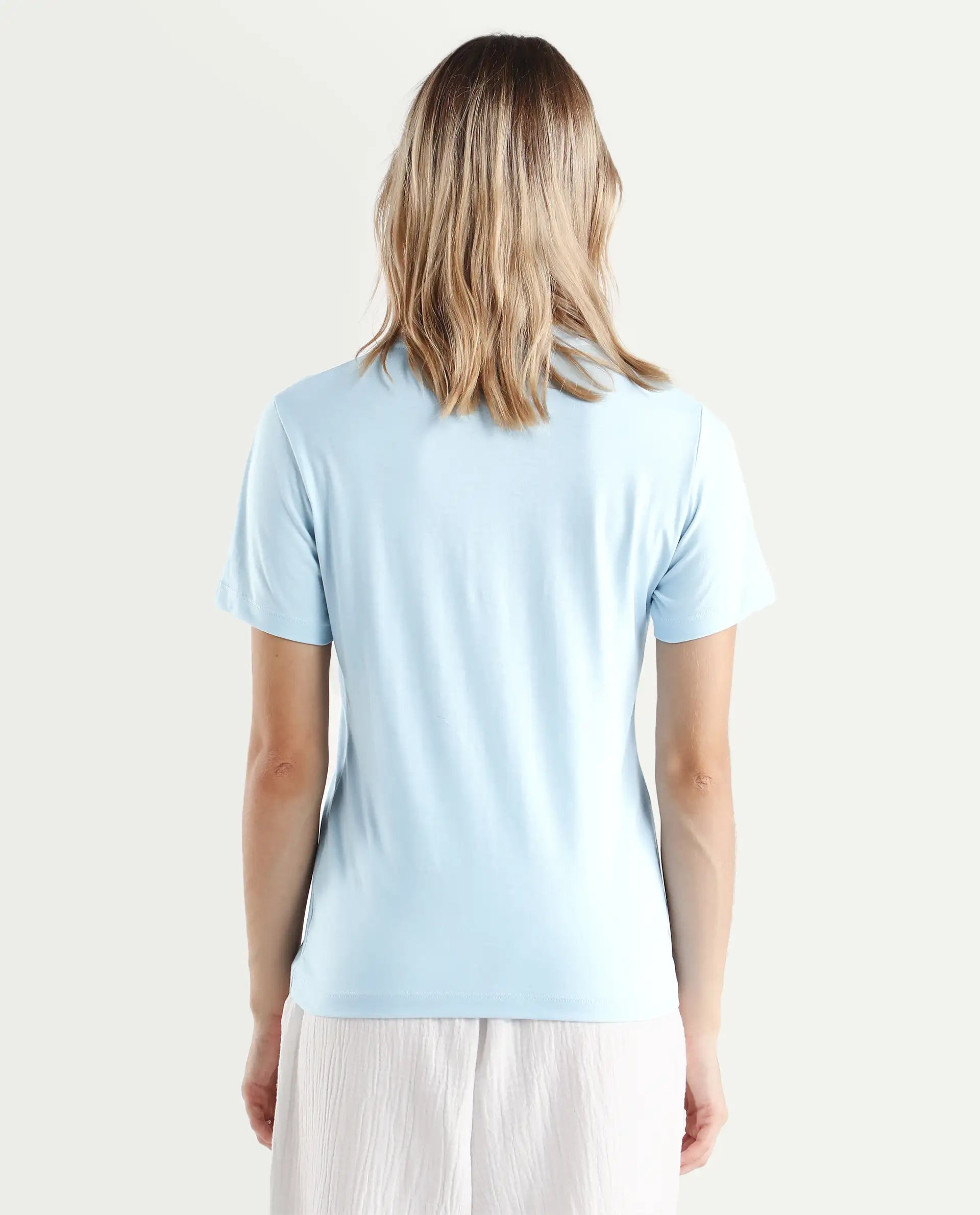 Rareism Women's Karlie Light Blue Cotton Crew Neck Graphic Print Regular Fit T-Shirt