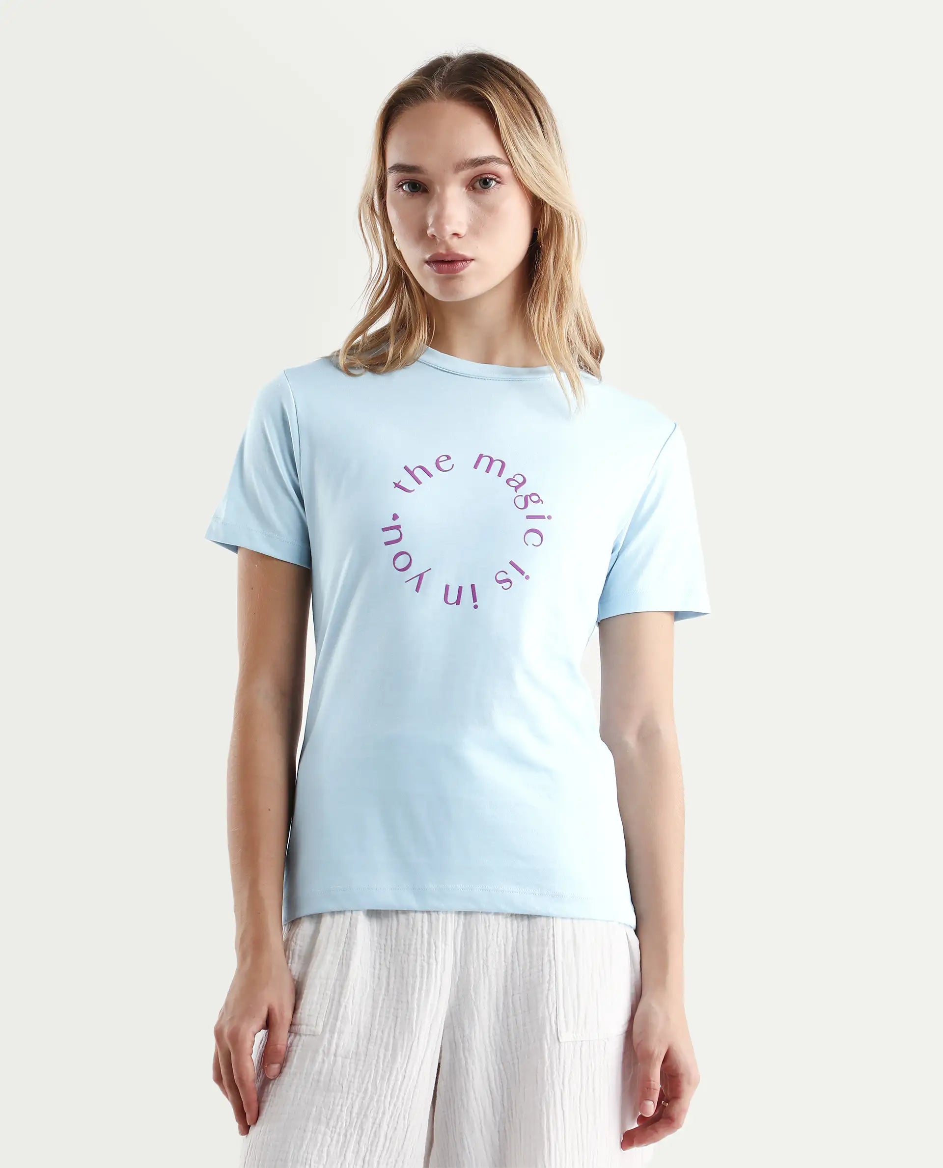 Rareism Women's Karlie Light Blue Cotton Crew Neck Graphic Print Regular Fit T-Shirt