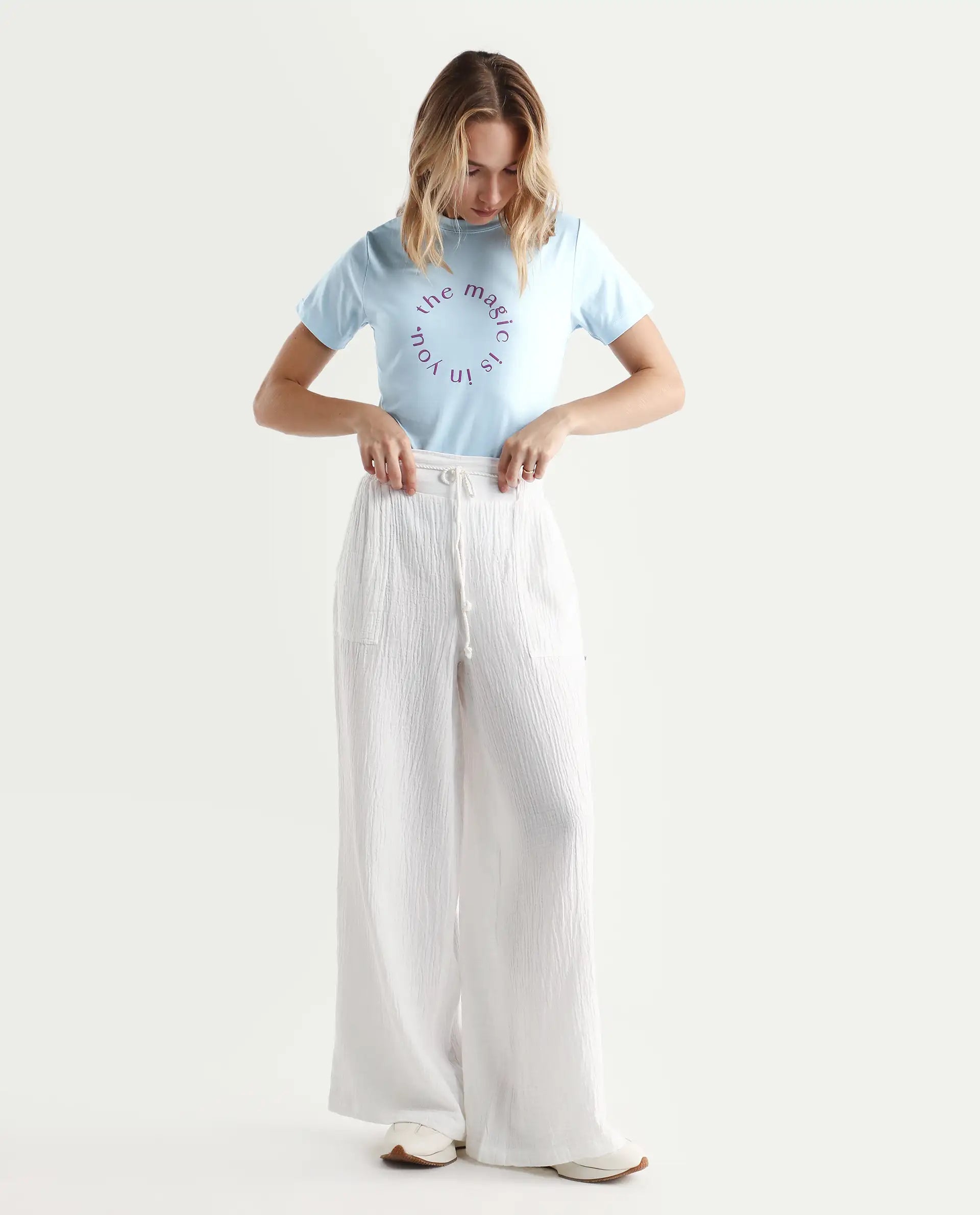 Rareism Women's Karlie Light Blue Cotton Crew Neck Graphic Print Regular Fit T-Shirt