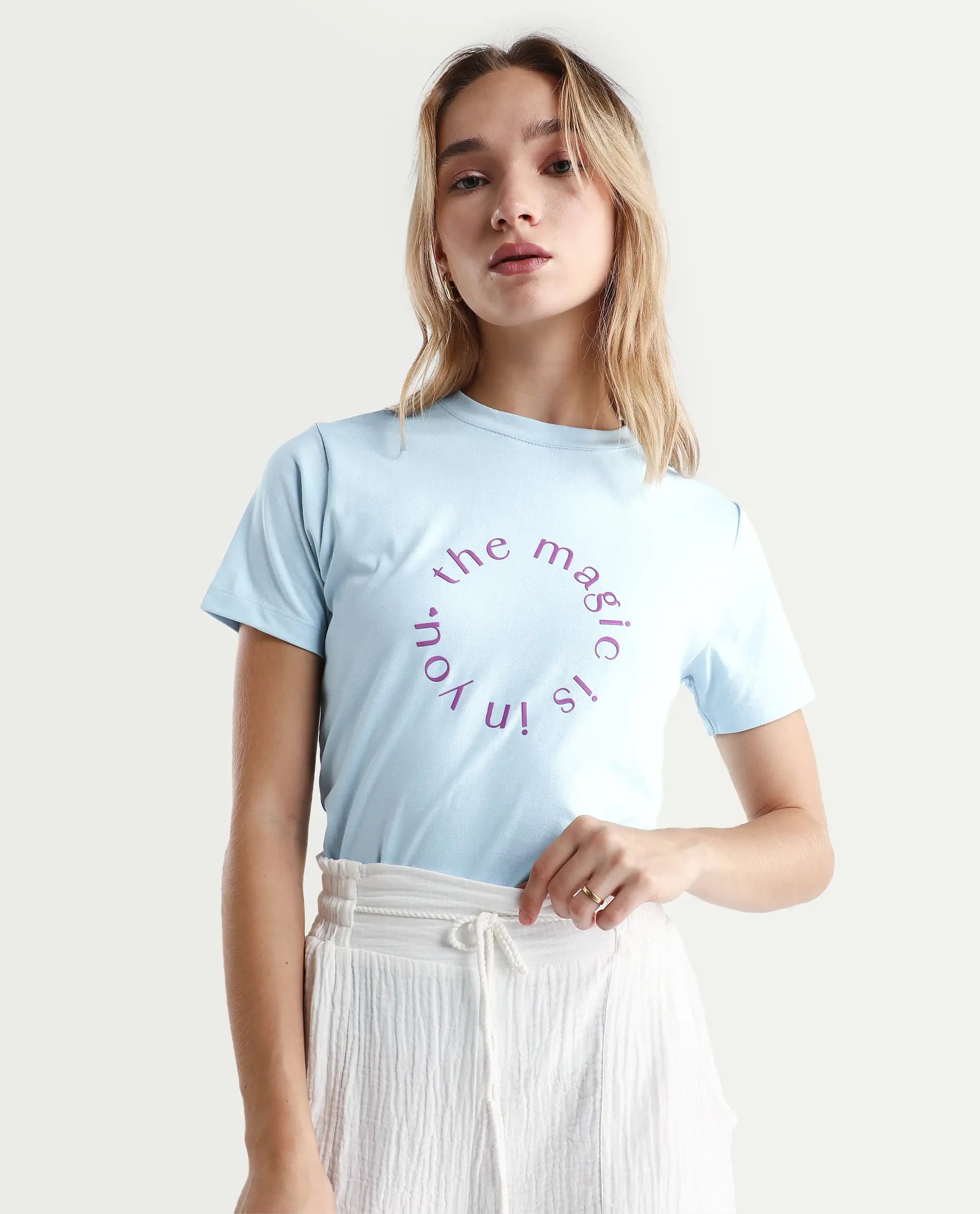 Rareism Women's Karlie Light Blue Cotton Crew Neck Graphic Print Regular Fit T-Shirt