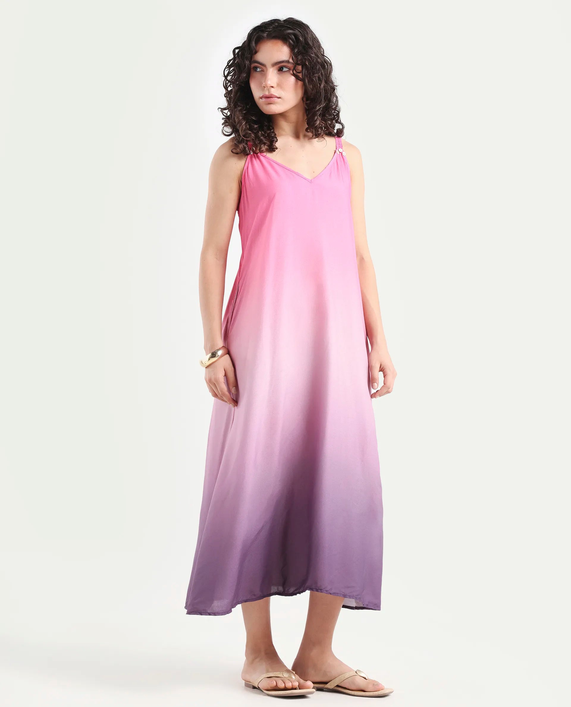 Rareism Women's Kathy Multi Viscose Shoulder Strap Ombre Shoulder Strap Midi Regular Fit Dress
