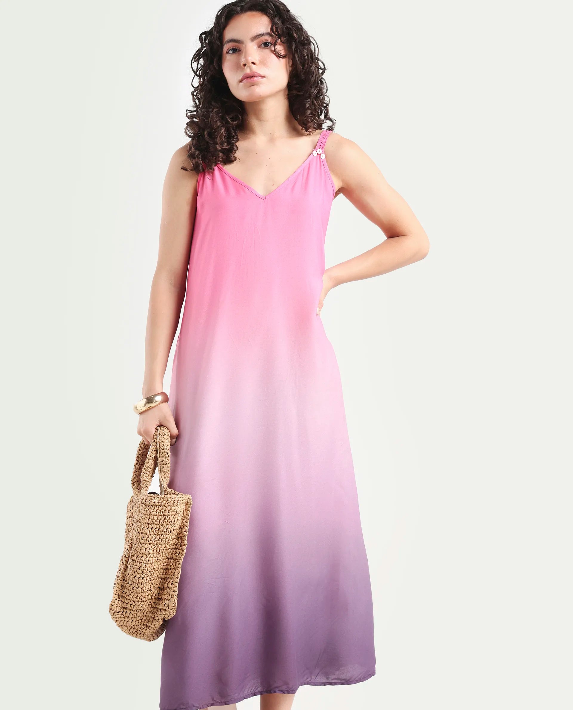 Rareism Women's Kathy Multi Viscose Shoulder Strap Ombre Shoulder Strap Midi Regular Fit Dress