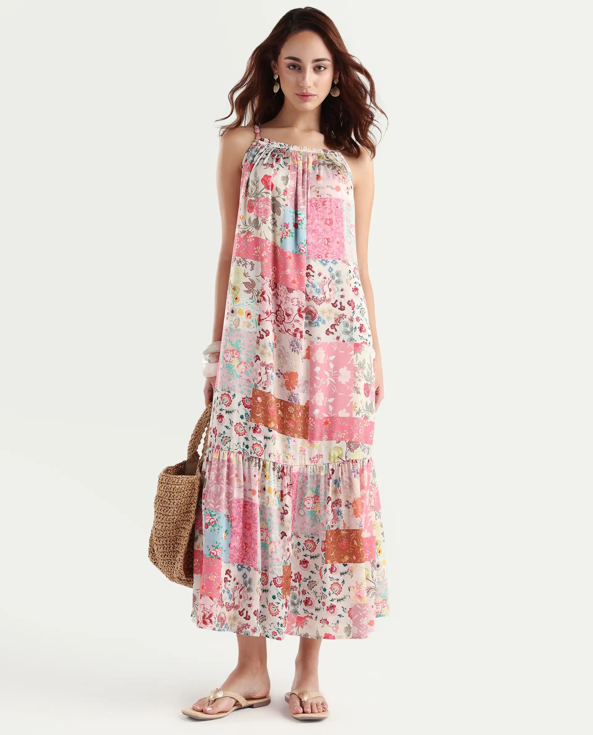 Rareism Women's Katie Multi Polyester Shoulder Strap Floral Print Shoulder Strap Maxi Regular Fit Dress