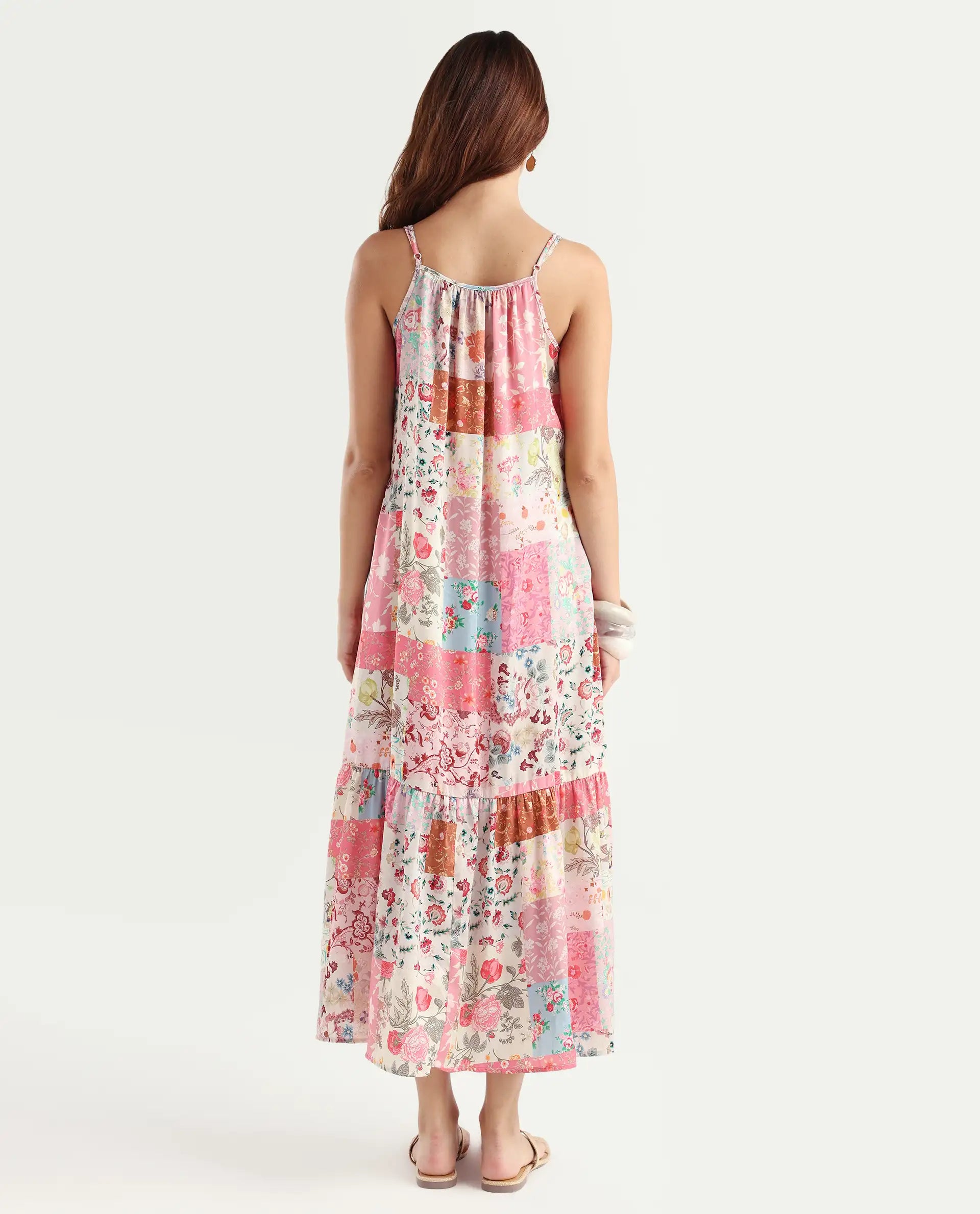 Rareism Women's Katie Multi Polyester Shoulder Strap Floral Print Shoulder Strap Maxi Regular Fit Dress