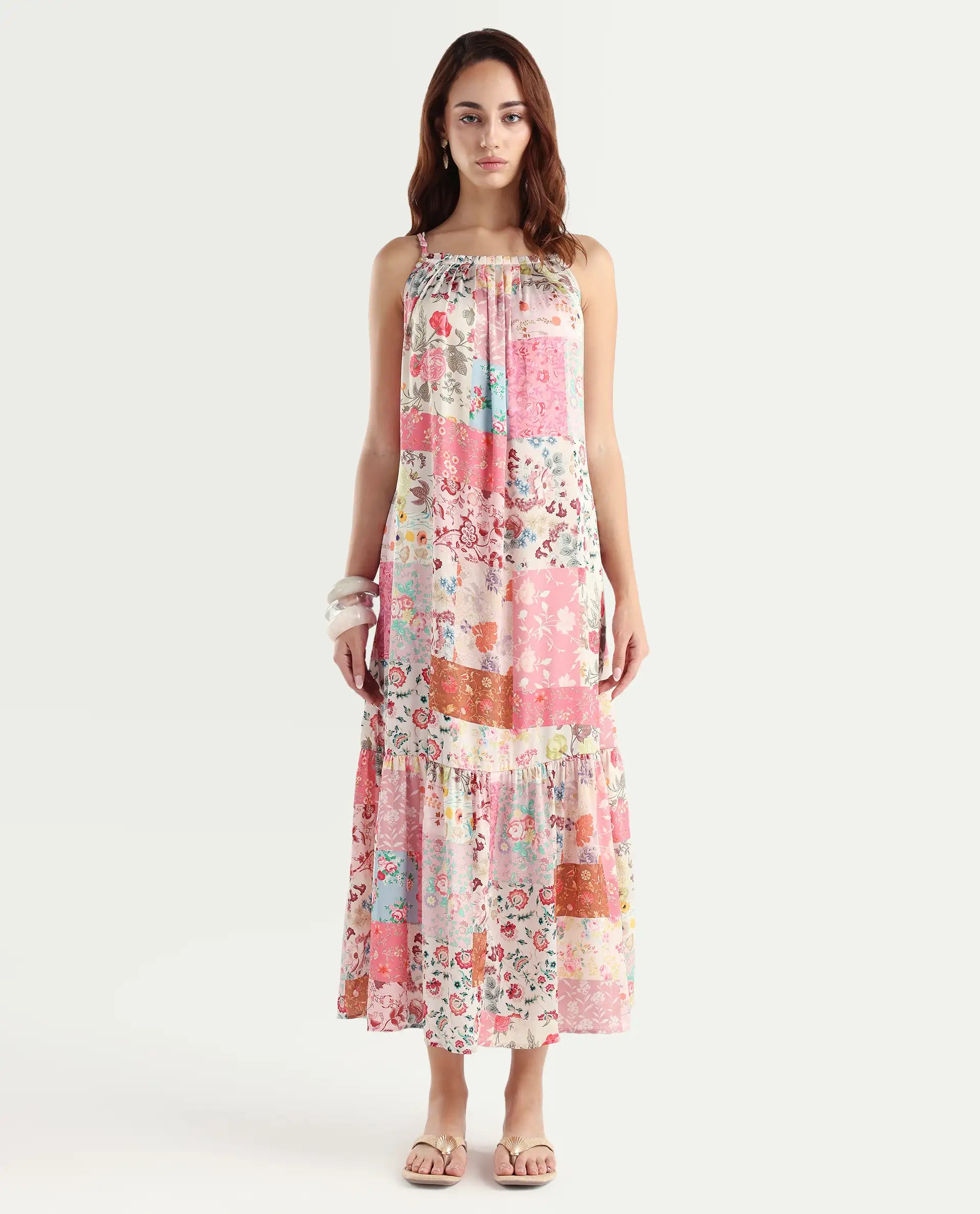 Rareism Women's Katie Multi Polyester Shoulder Strap Floral Print Shoulder Strap Maxi Regular Fit Dress