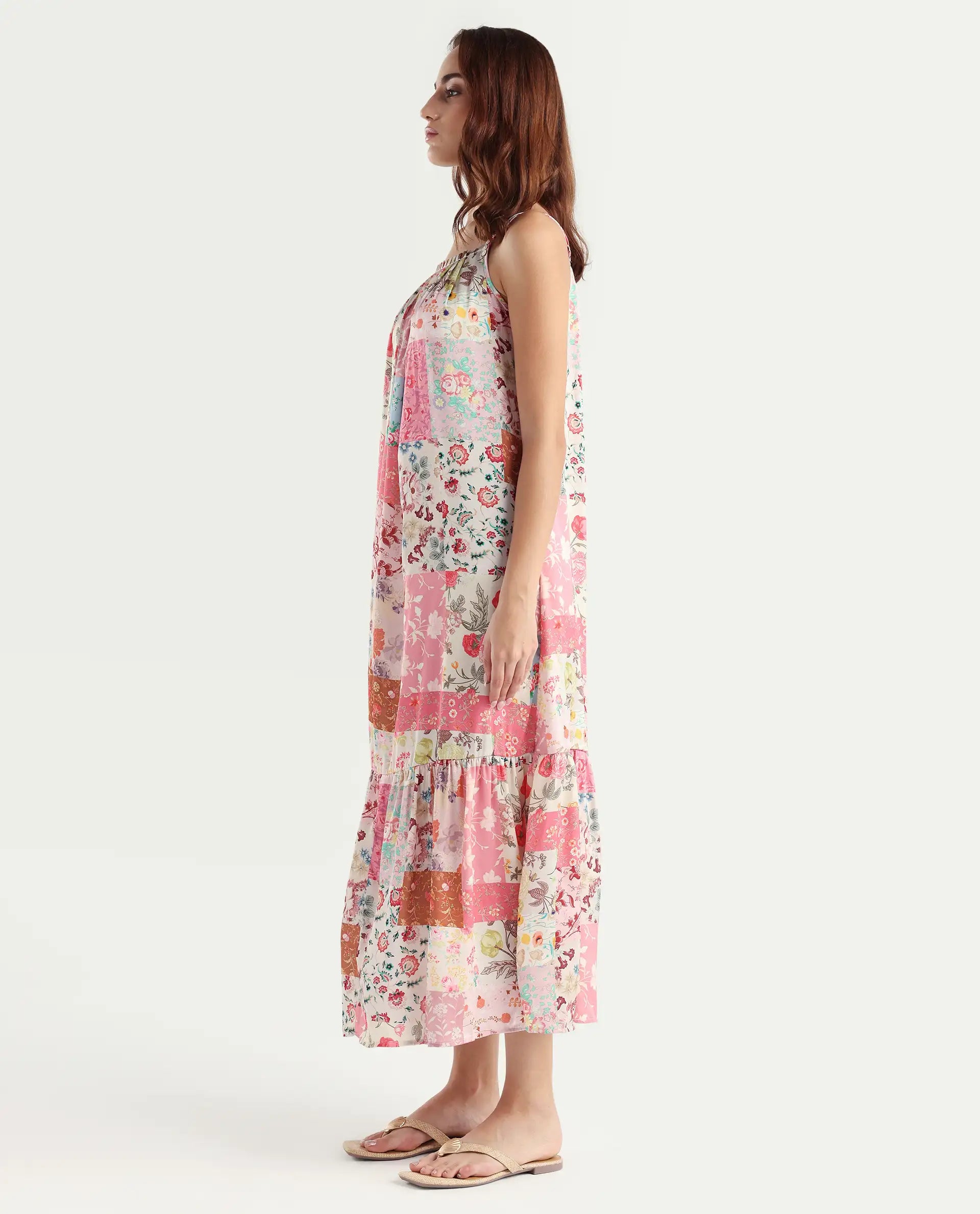 Rareism Women's Katie Multi Polyester Shoulder Strap Floral Print Shoulder Strap Maxi Regular Fit Dress